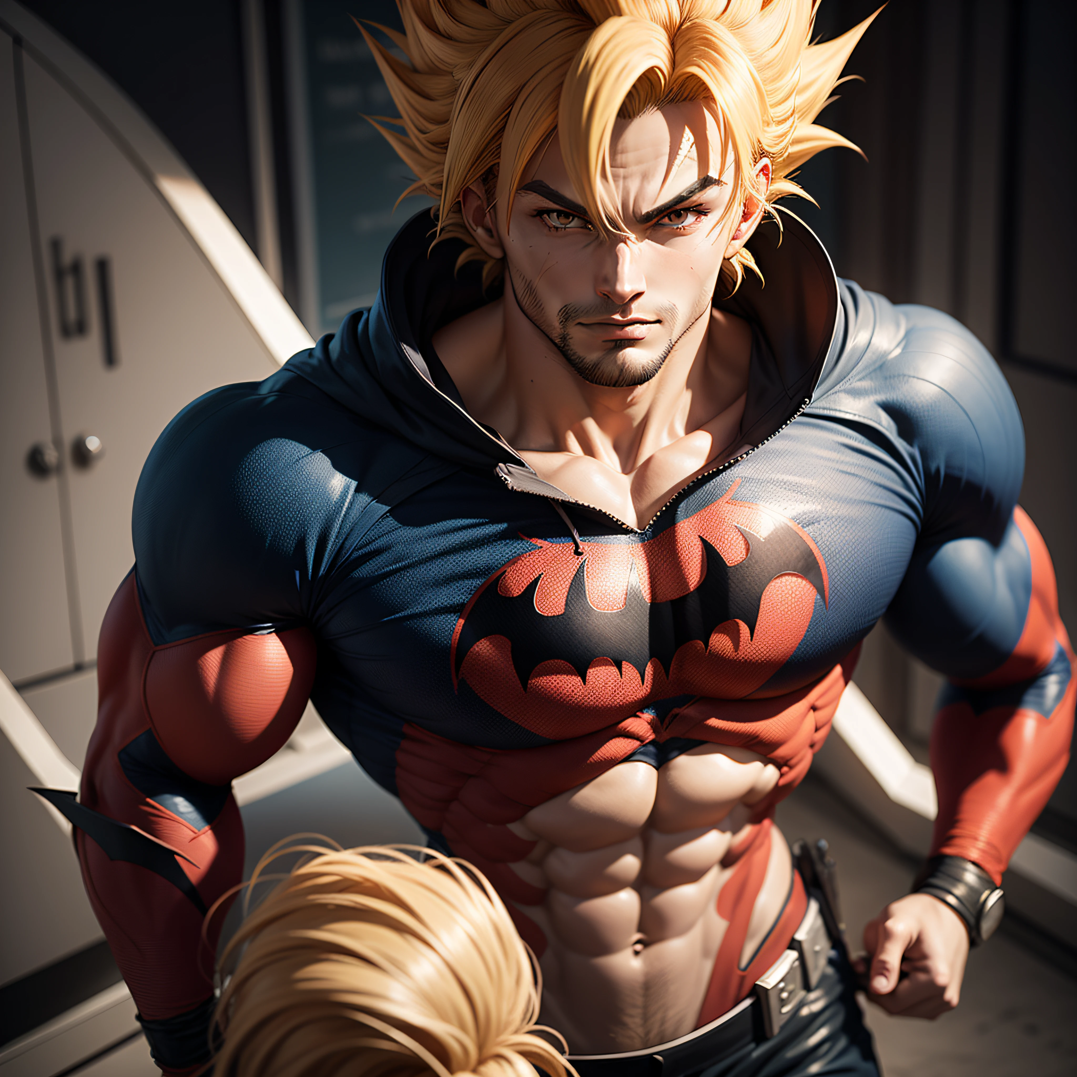desenho colorido do goku, realista, humanizado, usando roupa do batmen, imagem em 8k