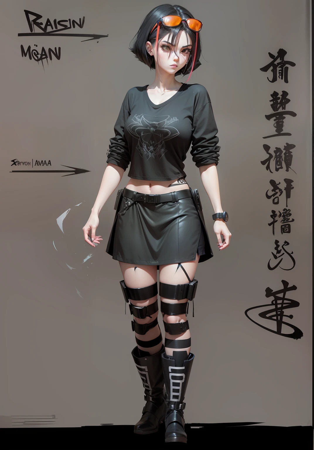 "Drawing of a pale goth girl with black t-shirt, saia curta preta, botas cano alto e meias listradas de cor preto e branco, cabelo escuro e curto, com duas mechas vermelhas, e um pequeno topete de cabelo espetado de cor amarela estilo super saiyajin entre as duas mechas,  ao fundo de um muro grafitado, anime, estilo anime"