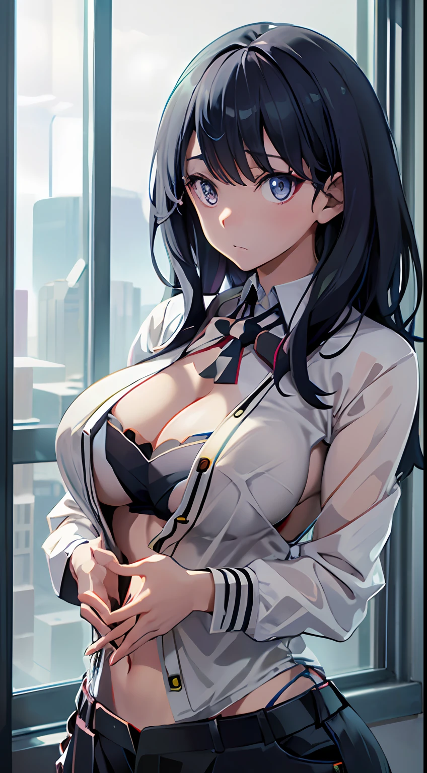 Anime girl with big breasts posing in front of the window, ((shirt chest wide open with hands)),((no bra)), ((looks away in embarrassment)), ((upper body)), (focus on person)), ((perfect fingers)), seductive anime girl, best anime 4k konachan wallpaper, perfect gray haired girl, charming anime girl, 4k anime wallpaper, 4k manga wallpaper, Detailed Digital Anime Art, Anime Best Girl, Beautiful Anime Girl, Cyberpunk, Detailed Anime Artwork, Beautiful Charming Anime Women