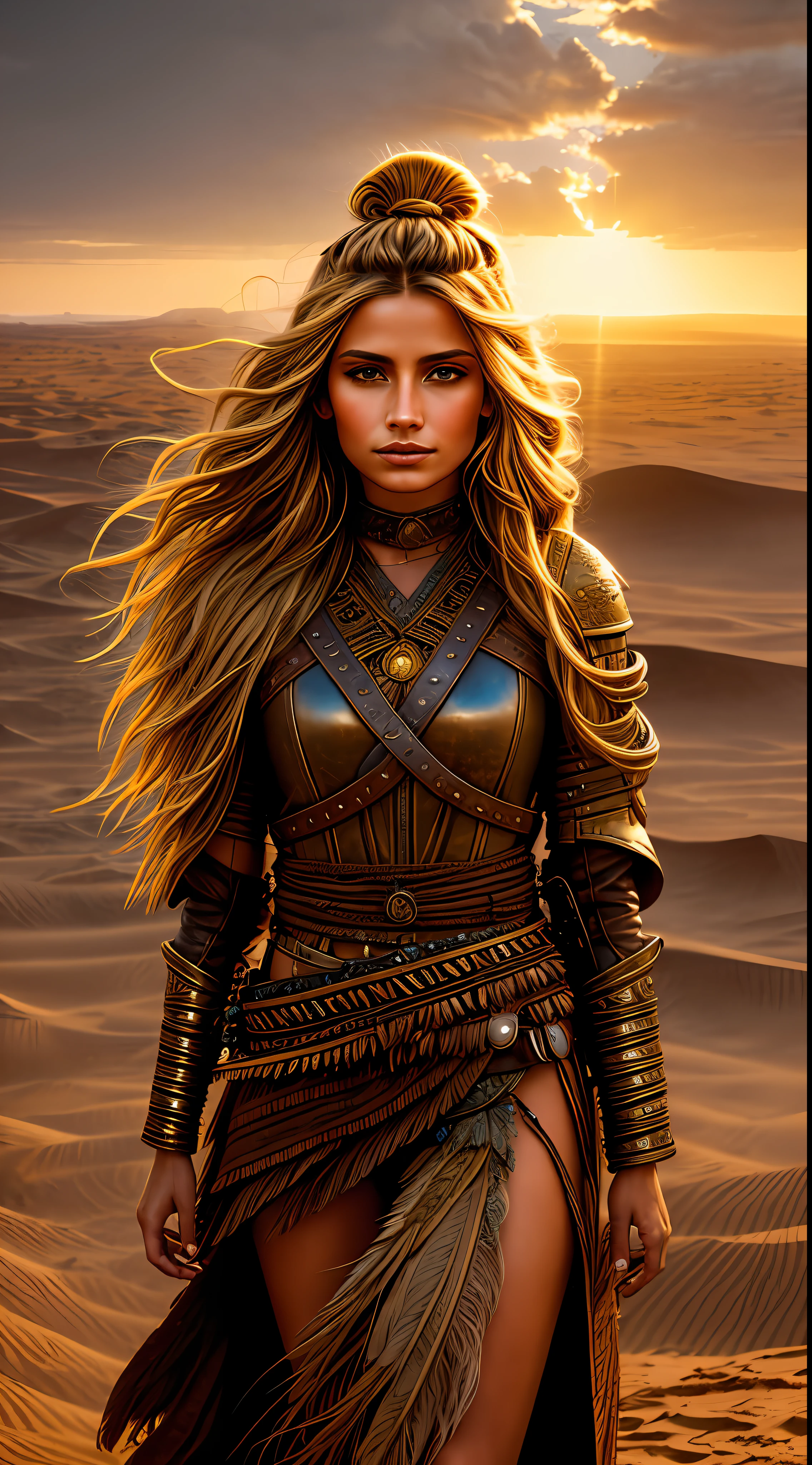A courageous warrior girl face with flowing golden locks, dressed in weathered leather armor adorned with feathers and tribal symbols. She stands on the edge of a cliff overlooking a vast desert landscape, with swirling sand dunes stretching as far as the eye can see. The sun hangs low in the sky, casting a warm orange glow over the scene. The wind whips through the warrior girl's hair, carrying with it the whispers of distant adventures. In the distance, a magnificent sandstorm looms, adding an element of danger and excitement to the atmosphere. The image is a painting executed with rich earthy tones and textured brushstrokes,