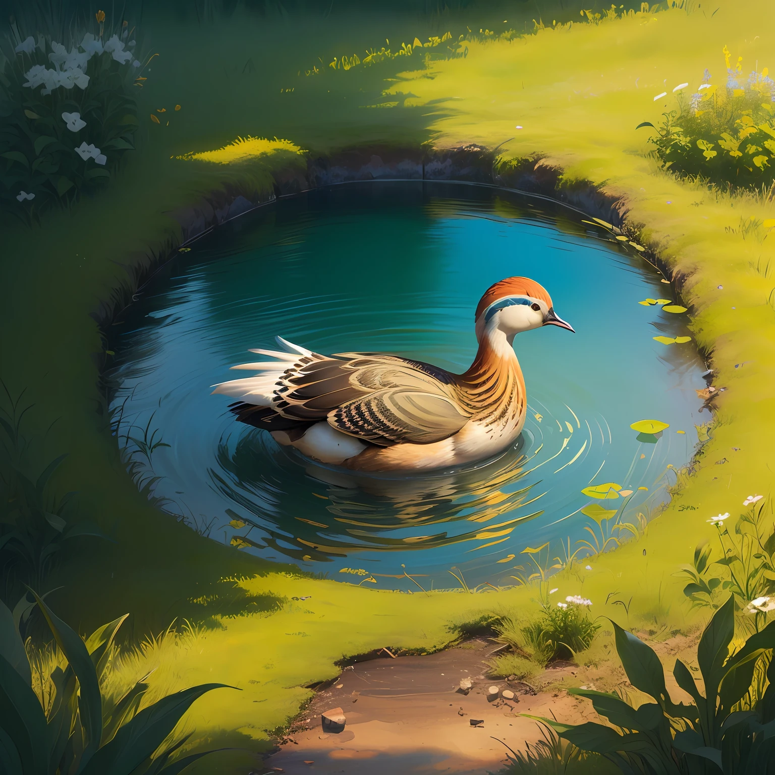 Imagen realista de un pavo real con la cola desplegada, in a meadow with a small lake
