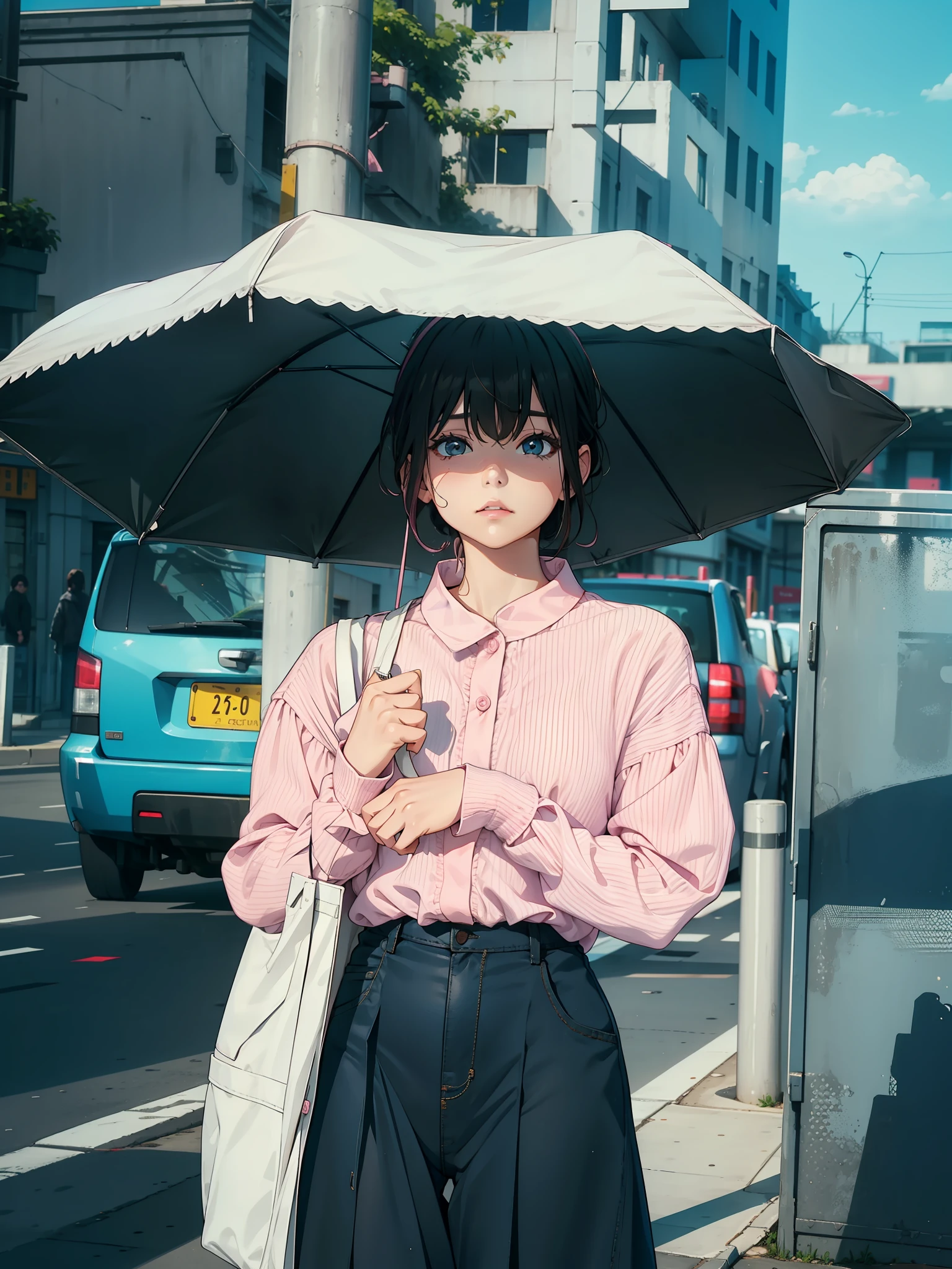 girl with, Light pink long sleeve cutter shirt