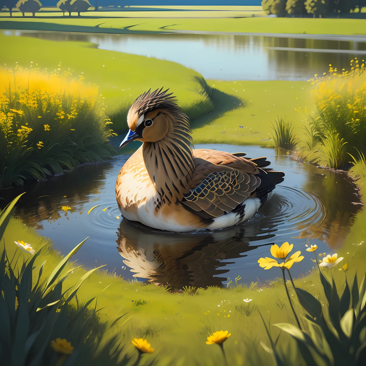 Imagen realista de un pavo real con la cola desplegada, in a meadow with a small lake