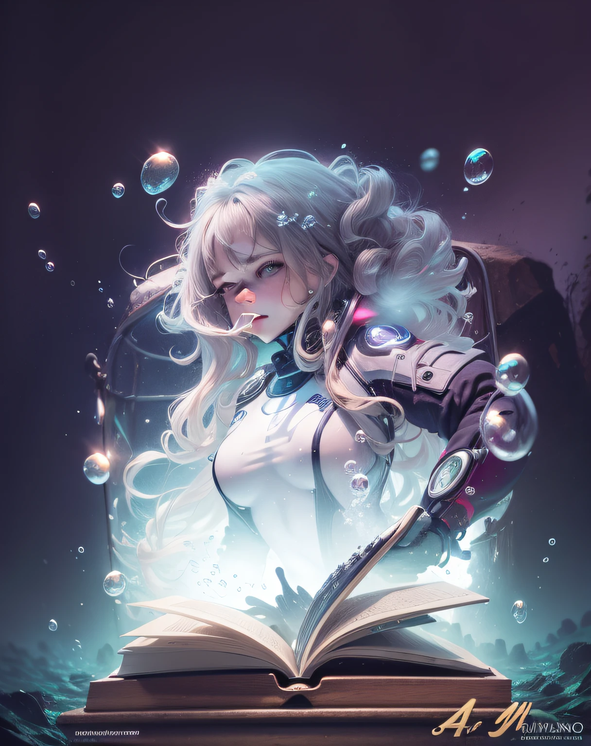 ((underwater shooting)), mature woman, (masterpiece), (big vista), high quality, 4k, 1girl, solo, detailed, ((diving)), wetsuit, diving mask, bubbles, long hair, curly hair, ((underwater)), low light, night, (dark atmosphere), (trapped in an iron cage)), (huge iron cage), schools of fish, starry sky, (desperate expression: 1.2), sharp focus,