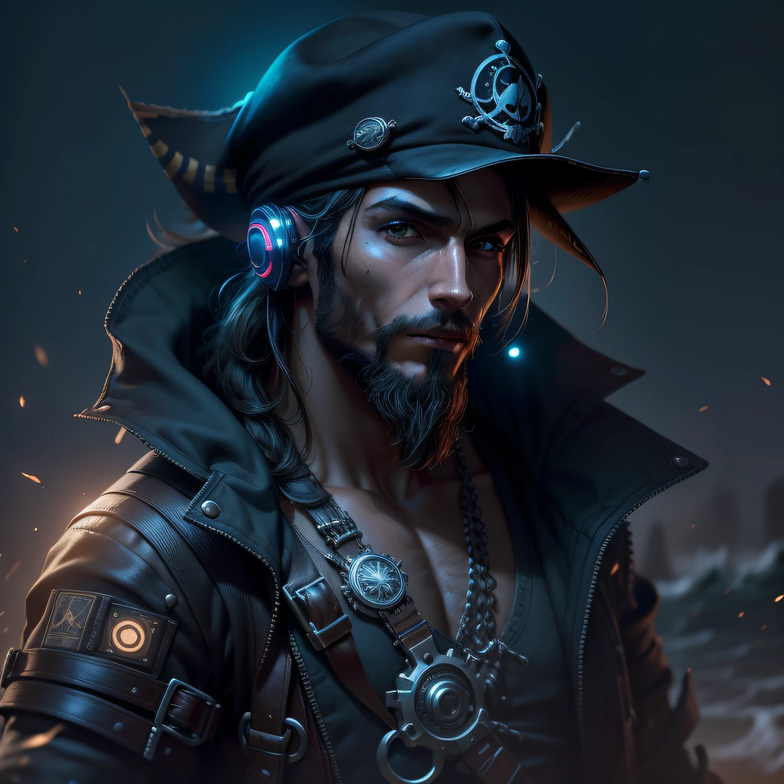 um pirata, ((homem)), tecnologico, olhando o horizonte, estilo cyberpunk, (melhor qualidade), obra prima, Better resolution at sea, com roupas, ((olhando para o lado)), mais pirata, imagem nitida