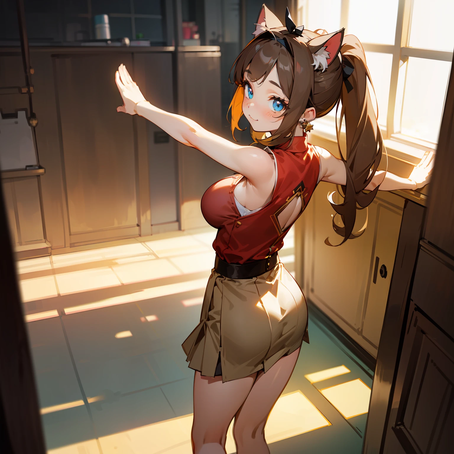 (Highly detailed CG Unity 8k wallpaper), (Best Quality), (Super Detail), (Best Illustration), (Best Shadow), POV, Realistic lighting and shading, Natural light, Lens flare effect, BREAK, 1 beautiful girl, Solo,(Cute:1.5),(Chibi:0.8), (kawaii:1.5),(Lori:0.5), BREAK,  ( (17 years old girl), Very detailed, colourfull, highest details, BREAK, (Huge breasts: 1. 2,), Clear skin, Beautiful skin, Shy skin, 1 beautiful girl, Brown hair, (Cat ears, Ponytail, medium-Long hair: 1. 2), (Light blue eyes, long eyelashes, Double eyelids: 1. 2), Solo,  gleaming skin, BREAK,(skirt by the,a miniskirt,Beige skirt:1.2), (Sleeveless, sleeveless shirts, Red Shirt:1.2),  (star-shaped earring:1.1), (Lace headband:1.0), (Cute back:1.3), (A smile,Happiness:1.1), (is standing,Raising arms,Slouched:1.3),  (Angle from the front:1.1), BREAK, inside the house,underground mall,In front of the coffee shop,appointment,Watches