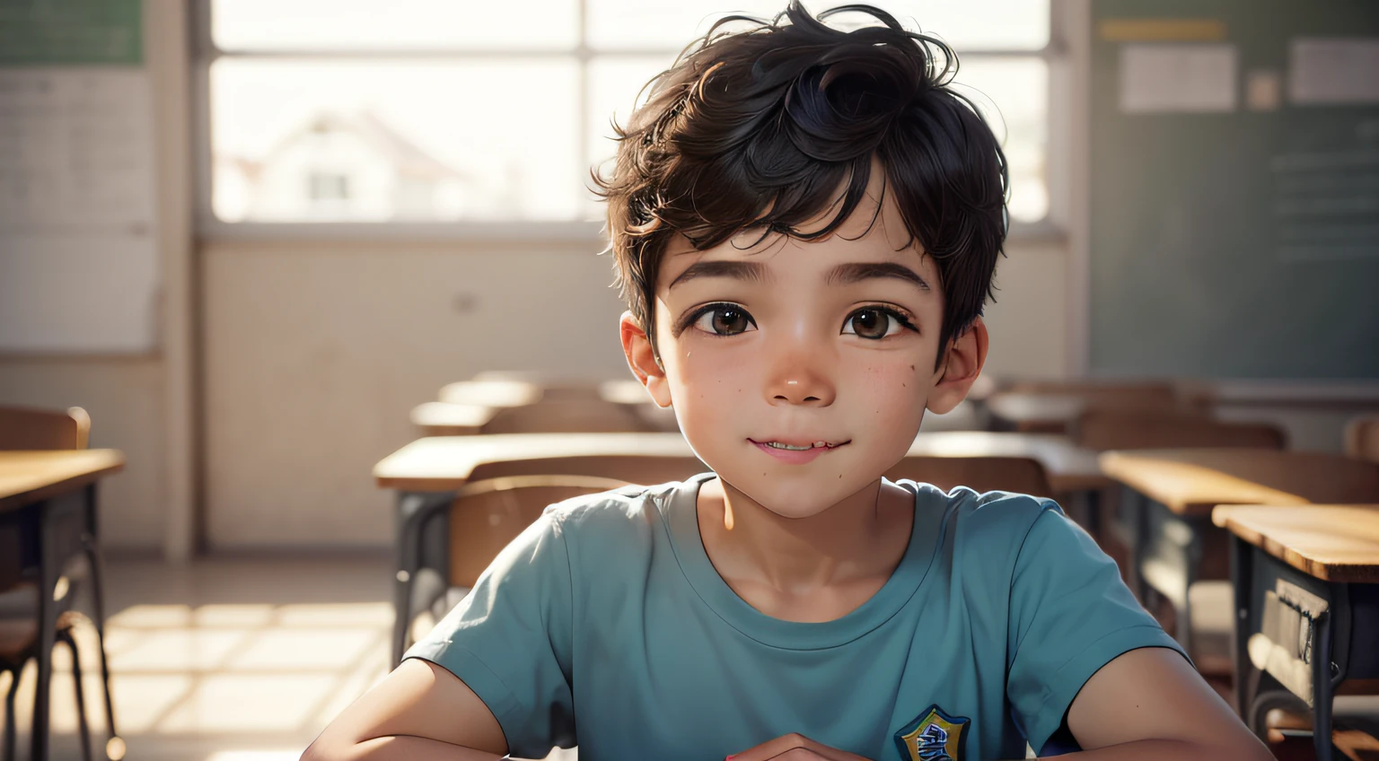A boy, classroom in Brazil, t-shirt, talking to teacher, happy, perfect quality, clear focus (clutter - house: 0.8), (masterpiece: 1.2) (realistic: 1.2) (bokeh) (best quality) (detailed skin: 1.3) (intricate details) (8K) (detail eyes) (sharp focus), (happy), full body, clean background, long vision composition, 85MM SHOT