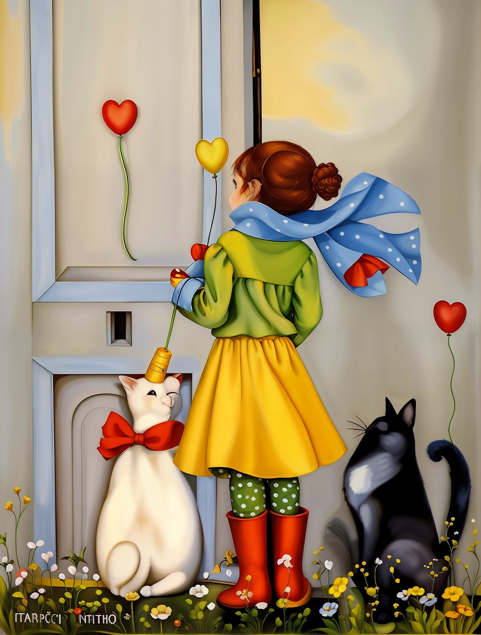 pintura de uma ****** e um gato olhando por uma janela, arte caprichosa, caprichoso e fofo, inspirado em Tove Jansson, birthday painting, inspirado em Esao Andrews, adorable and whimsical, inspired by Gabriele Münter, Directed by: Alice Rahon, Painting in mixed media, inspirado em Jim Dine, inspirado em Dorothy King, Surrealismo caprichoso, pintura bonita de amigos