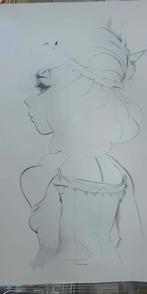 desenho de uma  com um rabo de cavalo e um vestido em, sem sombreamento, desenho desbotado, sombreamento