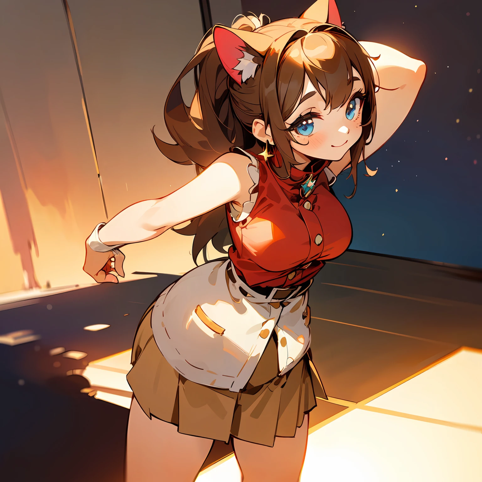 (Highly detailed CG Unity 8k wallpaper), (Best Quality), (Super Detail), (Best Illustration), (Best Shadow), POV, Realistic lighting and shading, Natural light, Lens flare effect, BREAK, 1 beautiful girl, Solo,(Cute:1.5),(Chibi:0.8), (kawaii:1.5),(Lori:0.5), BREAK,  ( ( girl), Very detailed, colourfull, highest details, BREAK, (Huge breasts: 1. 2,), Clear skin, Beautiful skin, Shy skin, 1 beautiful girl, Brown hair, (Cat ears, Ponytail, medium-Long hair: 1. 2), (Light blue eyes, long eyelashes, Double eyelids: 1. 2), Solo,  gleaming skin, BREAK,(skirt by the,a miniskirt,Beige skirt:1.2), (Sleeveless, sleeveless shirts, Red Shirt:1.2),  (star-shaped earring:1.1), (Lace headband:1.0), (Cute back:1.3), (A smile,Happiness:1.1), (is standing,Arms behind your head,Slouched:1.3),  (Angle from the front:1.1), BREAK, ,