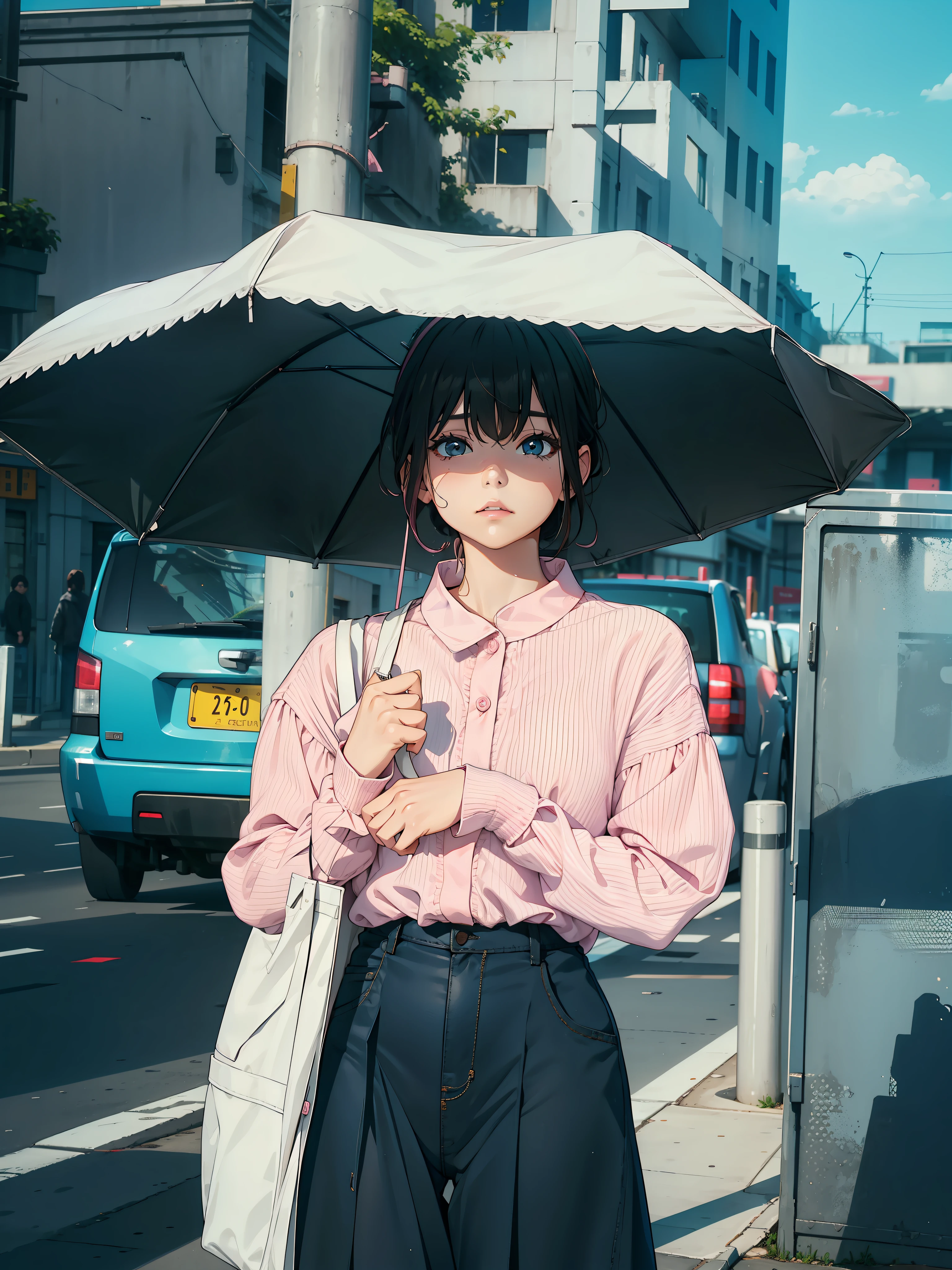 girl with, Light pink long sleeve cutter shirt