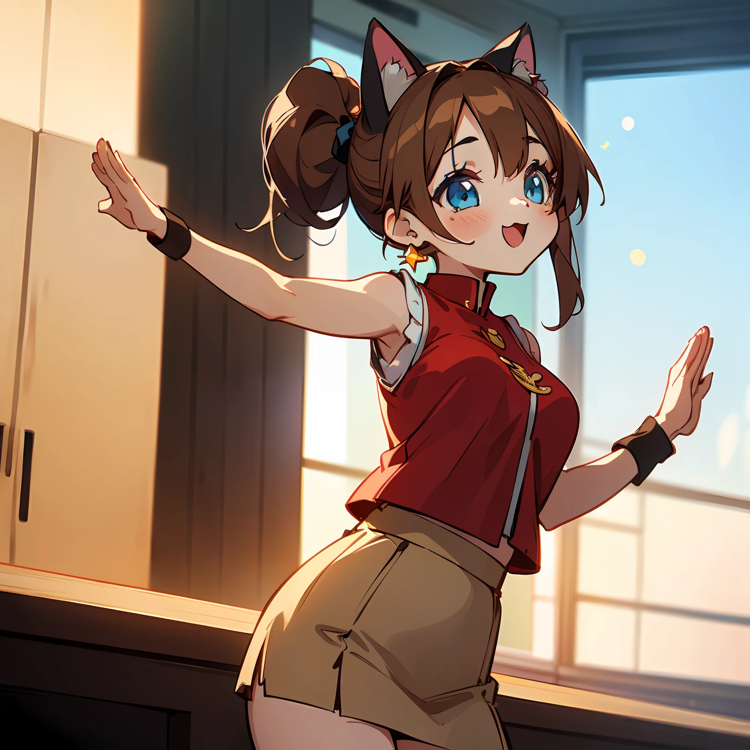 (Highly detailed CG Unity 8k wallpaper), (Best Quality), (Super Detail), (Best Illustration), (Best Shadow), POV, Realistic lighting and shading, Natural light, Lens flare effect, BREAK, 1 beautiful girl, Solo,(Cute:1.5),(Chibi:0.8), (kawaii:1.5),(Lori:0.5), BREAK, ( ( girl), Very detailed, colourfull, highest details, BREAK, (Huge breasts: 1. 2,), Clear skin, Beautiful skin, Shy skin, 1 beautiful girl, Brown hair, (Cat ears, Ponytail, medium-Long hair: 1. 2), (Light blue eyes, long eyelashes, Double eyelids: 1. 2), Solo, gleaming skin, BREAK,(skirt by the,a miniskirt,Beige skirt:1.2), (Sleeveless, sleeveless shirts, Red Shirt:1.2), (star-shaped earring:1.1), (Lace headband:1.0), (Cute back:1.3), (A smile,Happiness:1.1), (is standing,Raising arms,Slouched:1.3), (Angle from the front:1.1), BREAK, ,