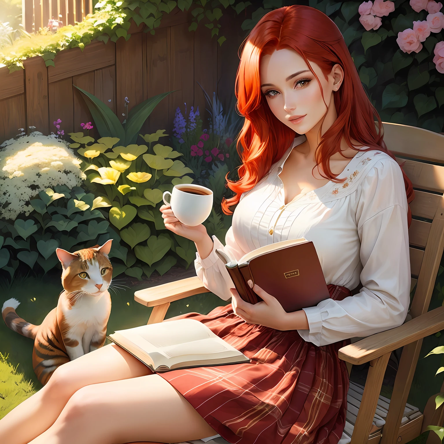 beautiful woman with red hair, eyes brown, bright, gorgeous face, reading a book, seated in a garden with a cat and a cup of coffee