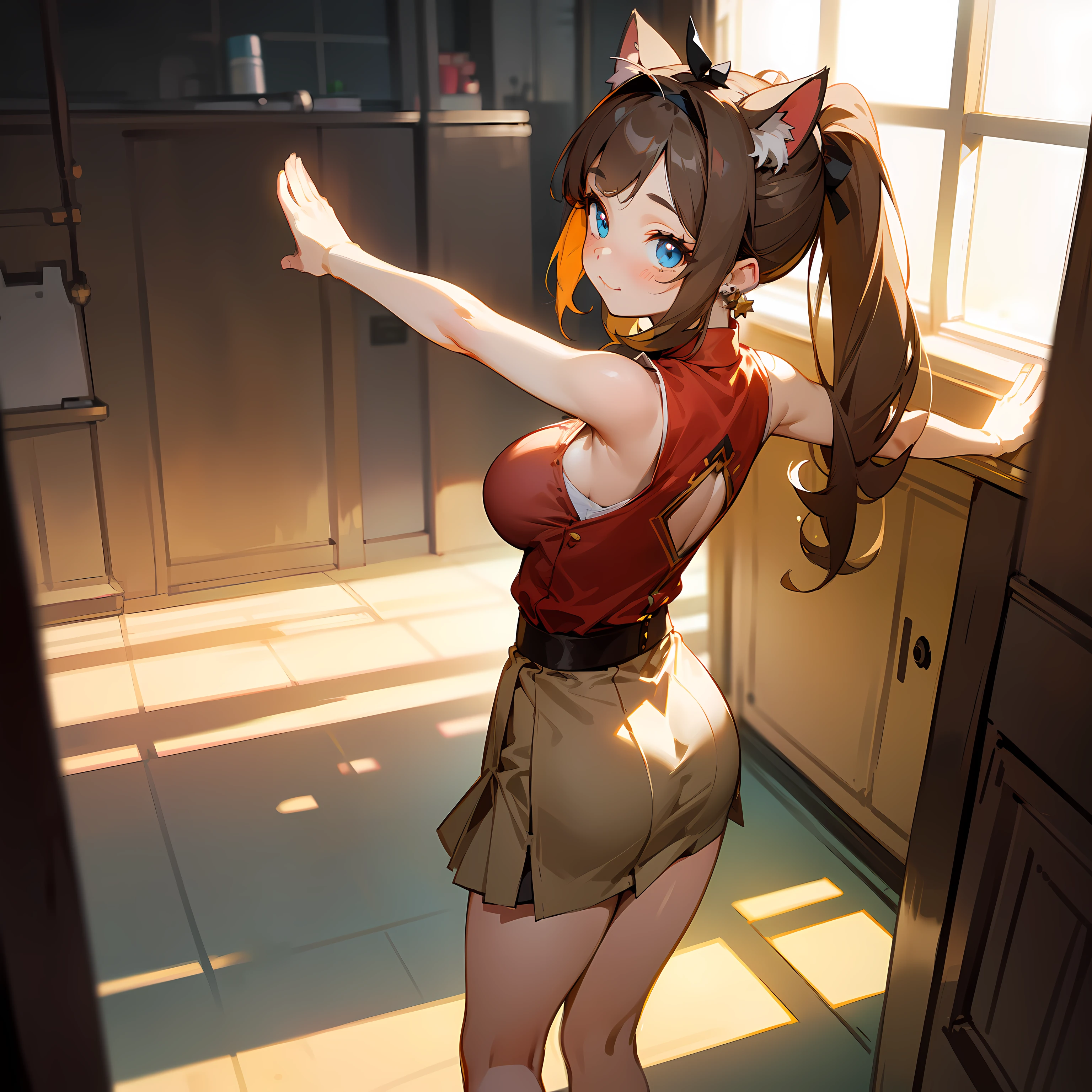 (Highly detailed CG Unity 8k wallpaper), (Best Quality), (Super Detail), (Best Illustration), (Best Shadow), POV, Realistic lighting and shading, Natural light, Lens flare effect, BREAK, 1 beautiful girl, Solo,(Cute:1.5),(Chibi:0.8), (kawaii:1.5),(Lori:0.5), BREAK,  ( (17 years old girl), Very detailed, colourfull, highest details, BREAK, (Huge breasts: 1. 2,), Clear skin, Beautiful skin, Shy skin, 1 beautiful girl, Brown hair, (Cat ears, Ponytail, medium-Long hair: 1. 2), (Light blue eyes, long eyelashes, Double eyelids: 1. 2), Solo,  gleaming skin, BREAK,(skirt by the,a miniskirt,Beige skirt:1.2), (Sleeveless, sleeveless shirts, Red Shirt:1.2),  (star-shaped earring:1.1), (Lace headband:1.0), (Cute back:1.3), (A smile,Happiness:1.1), (is standing,Raising arms,Slouched:1.3),  (Angle from the front:1.1), BREAK, inside the house,underground mall,In front of the coffee shop,appointment,Watches