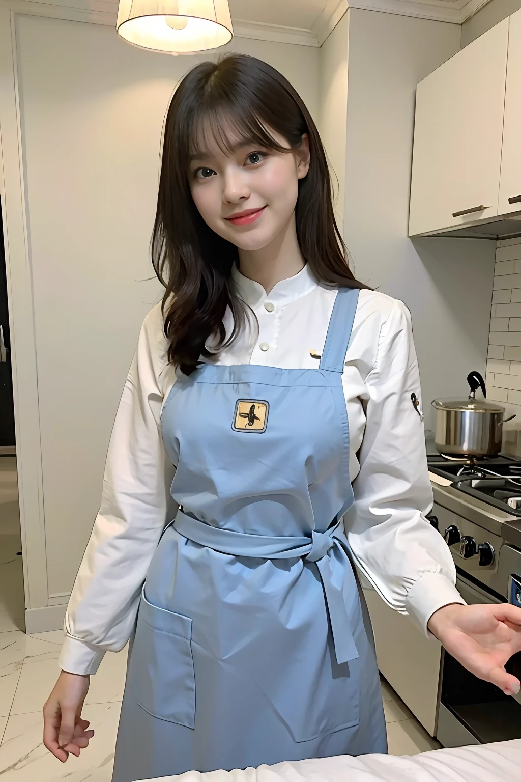 a woman is cooking、(kitchin_Apron:1.Wear 3)、Good Hand、4K、hight resolution、​masterpiece、top-quality、Cap:1.3、((Hasselblad photo))、Fine skin、foco nítido、(lighting like a movie)、Soft lighting、dynamic ungle、[:(详细的脸:1.2):0.2]、Medium chest、sweats streamed skin:1.2、(((In the kitchen))) A smile　Beautiful profile　Colossal tits　Beautiful body　Tying hair　Wide background々and a luxurious living room　Luxurious and luxurious living　Luxurious living room　Beautiful living room　Beautiful living room　A smile　an orange　lemons　A smile　Laughing　banana in　pineapple　Luxurious room　beautiful  lighting　Beautiful lighting　Very large room　very high image quality　very high res　8k Photos　Viewer's Perspective　Very gorgeous kitchen　Luxury Kitchen　　Millionaire Kitchen　Great kitchen　Luxury Kitchen　Luxury Illuminator　very wide々and kitchen　neat and beautiful　top grade　Standing　full body Esbian　Full body　Laughing　Long apron very luxurious life　Long skirt　Lingerie Apron