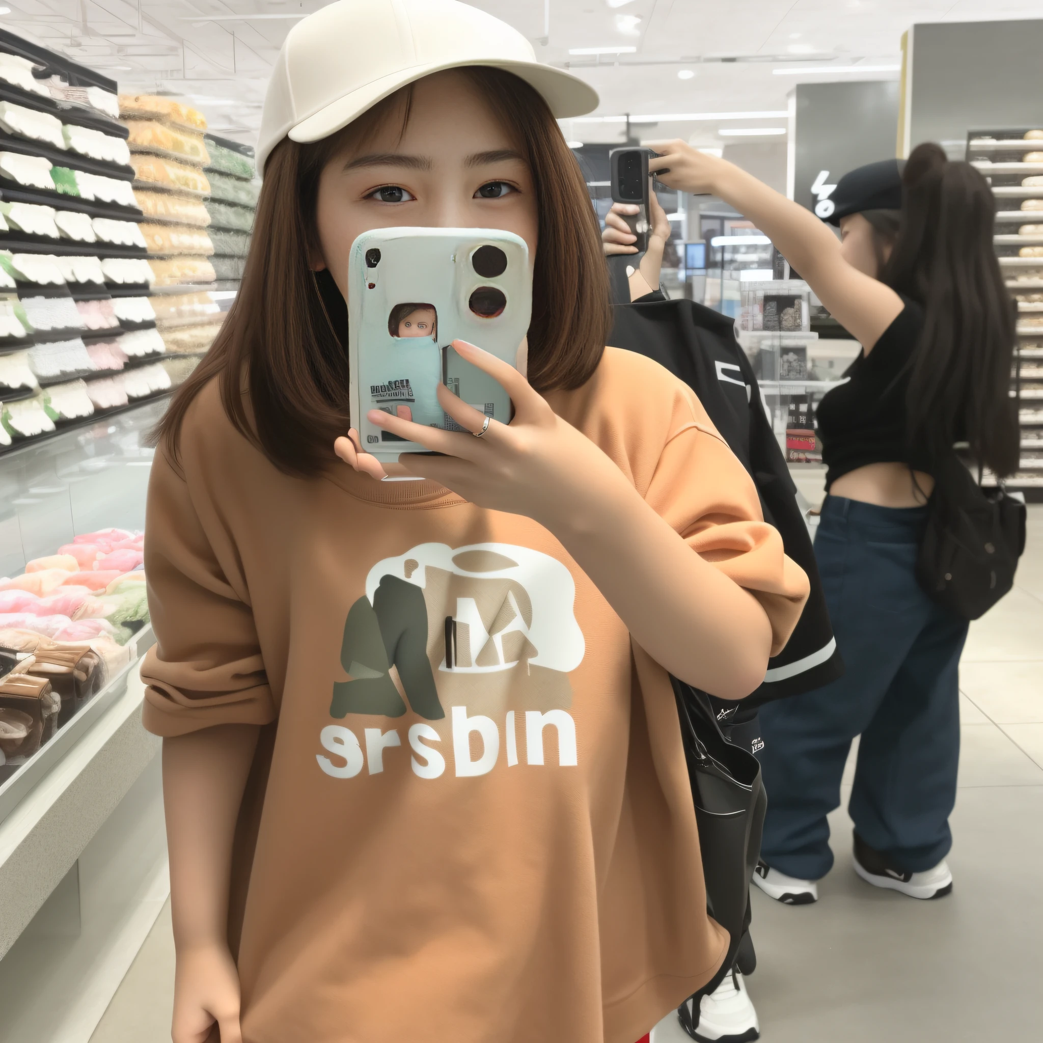 there is a woman taking a picture of herself in a store, trending on r/Street attire, wearing a fisher 🧥, She is seen wearing streetwear pieces, high-quality photo, High quality granules, ulzzangs, 😭 🤮 💕 🎀, high-quality photo, brown shirt, very very low quality picture,