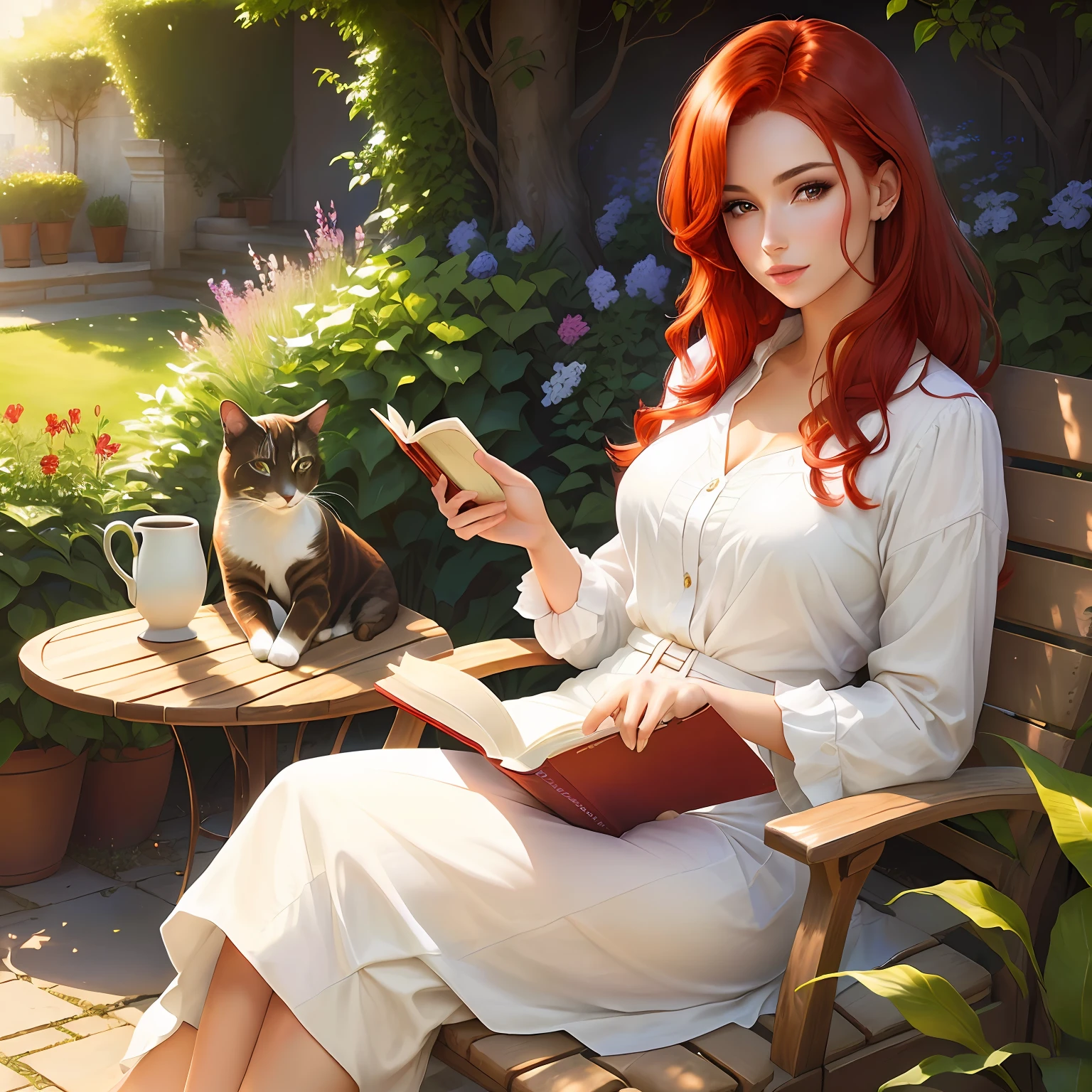 beautiful woman with red hair, eyes brown, bright, gorgeous face, reading a book, seated in a garden with a cat and a cup of coffee