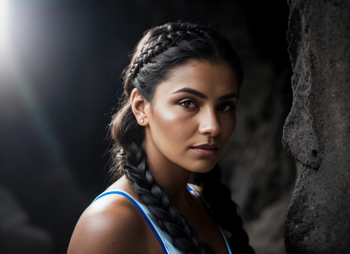 portrait of skswoman, hopeful , wearing beachwear , with black Side braid , background dungeon epic (photo, studio lighting, hard light, sony a7, 50 mm, matte skin, pores, colors, hyperdetailed, hyperrealistic)