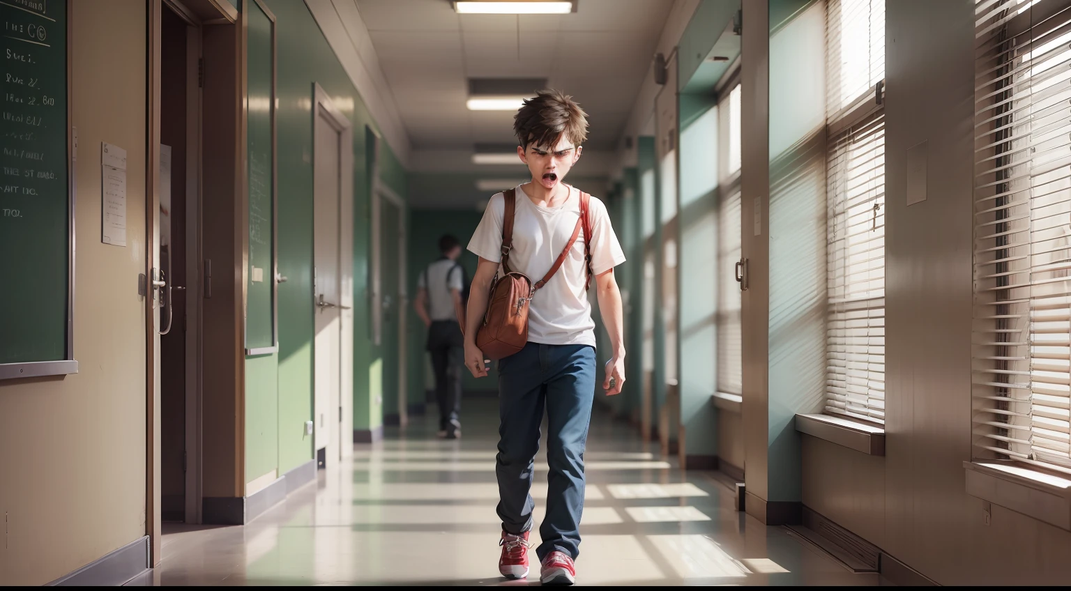 A angry boy, in a school hallway.