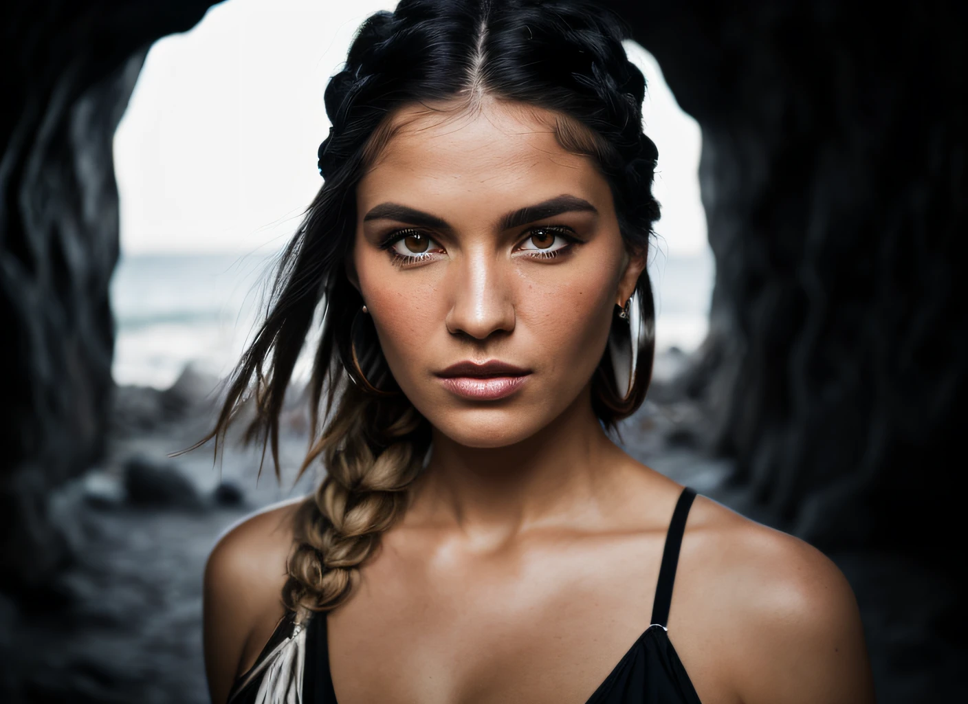 portrait of skswoman, hopeful , wearing beachwear , with black Side braid , background dungeon epic (photo, studio lighting, hard light, sony a7, 50 mm, matte skin, pores, colors, hyperdetailed, hyperrealistic)