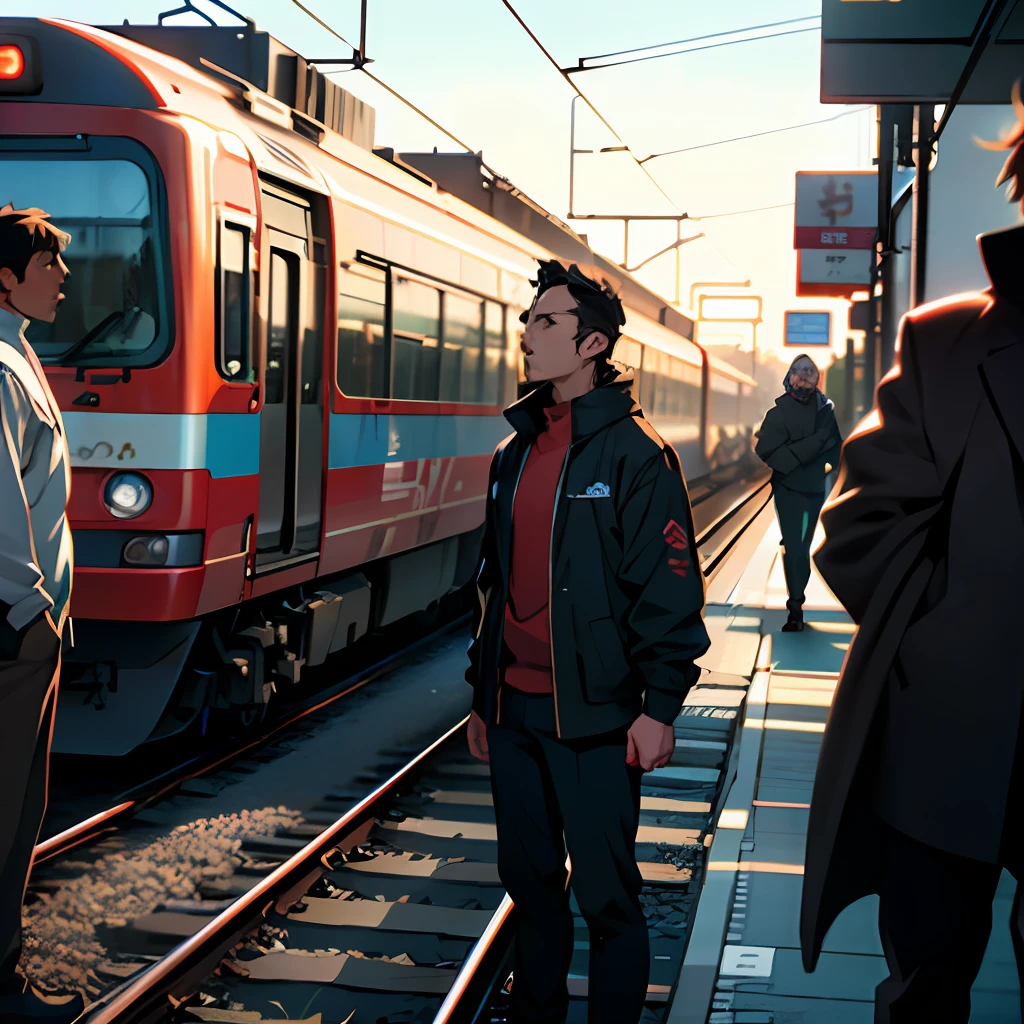 Three people stand in front of the train on the tracks, live-action movie scenes, japanese live action movie, still from live action movie, set in tokyo bank parking lot, live-action adaptation, film movie still, still image from tv series, Time travelers appear in the park, Still movie shooting, dramatic movie still, redline anime movie style