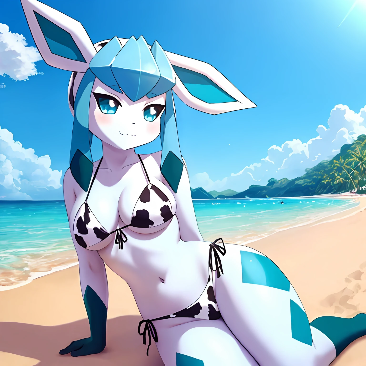 glaceon, Beautiful Art Style, 1girl, solo, playa, bikini, cow print clothes, cow print bikini.