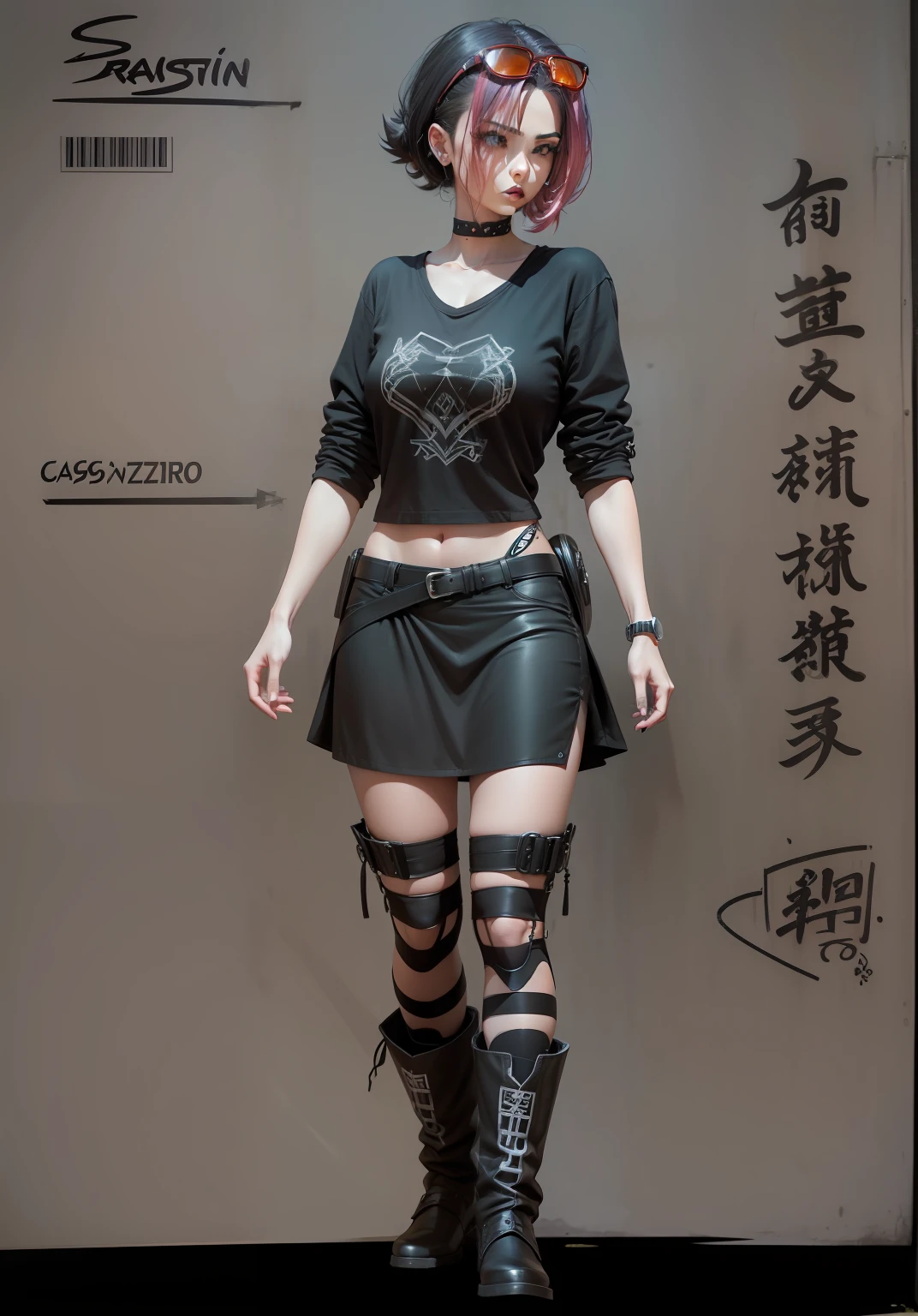 "Drawing of a pale goth girl with black t-shirt, saia curta preta, botas cano alto e meias listradas de cor preto e branco, cabelo escuro e curto, com duas mechas vermelhas, e um pequeno topete de cabelo espetado de cor amarela estilo super saiyajin, ao fundo de um muro com grafite colorido e estilizado, grafite colorido, muro pintado, anime, estilo anime"
