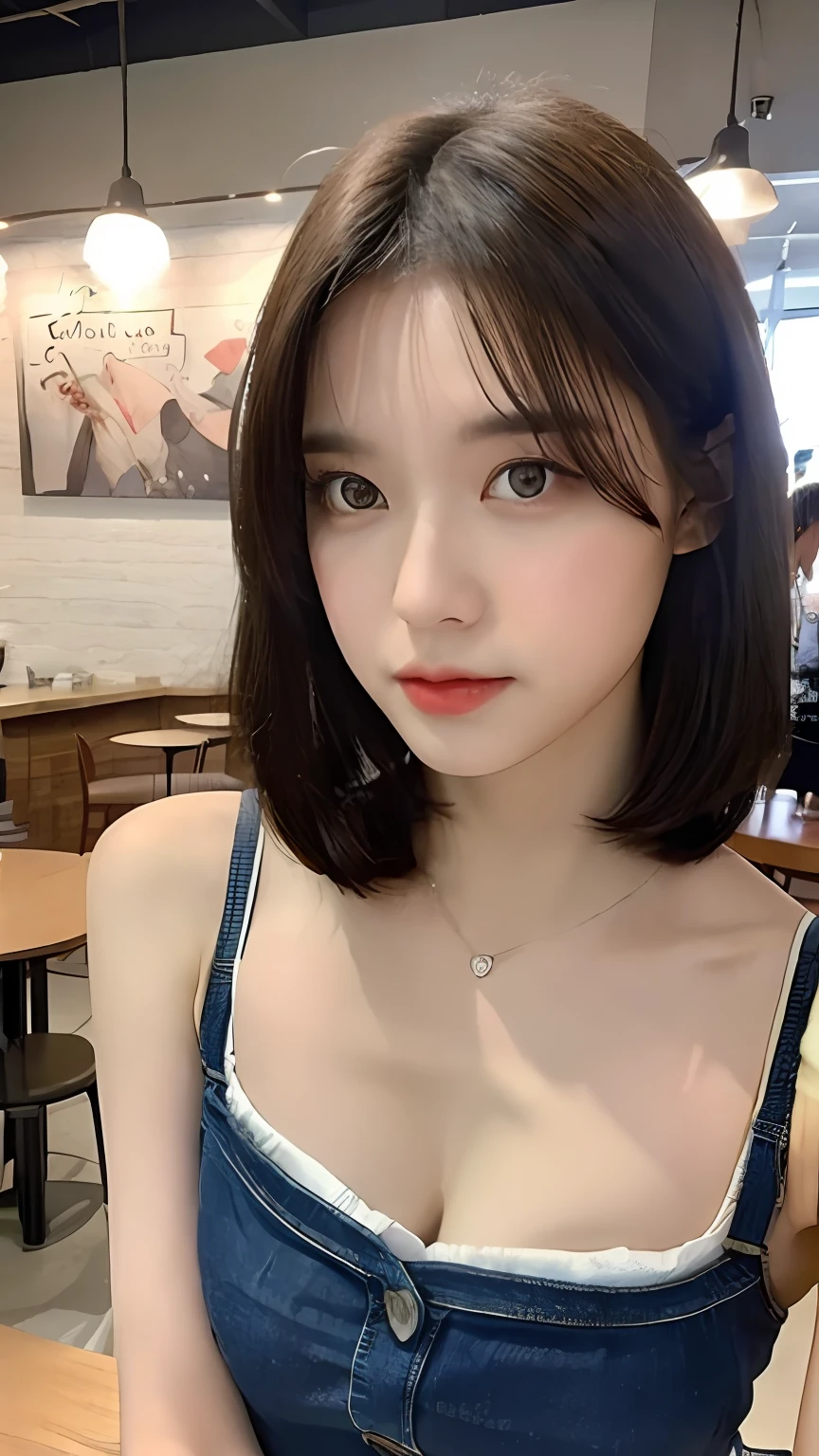 (realisitic、hight resolution:1.3)、1 girl with a perfect figure、Super thin face and eyes、length hair、Low Cut Tank Top:Short jeans、in a cafe、coffee on table、Colossal tits、Exposed cleavage　Navel out