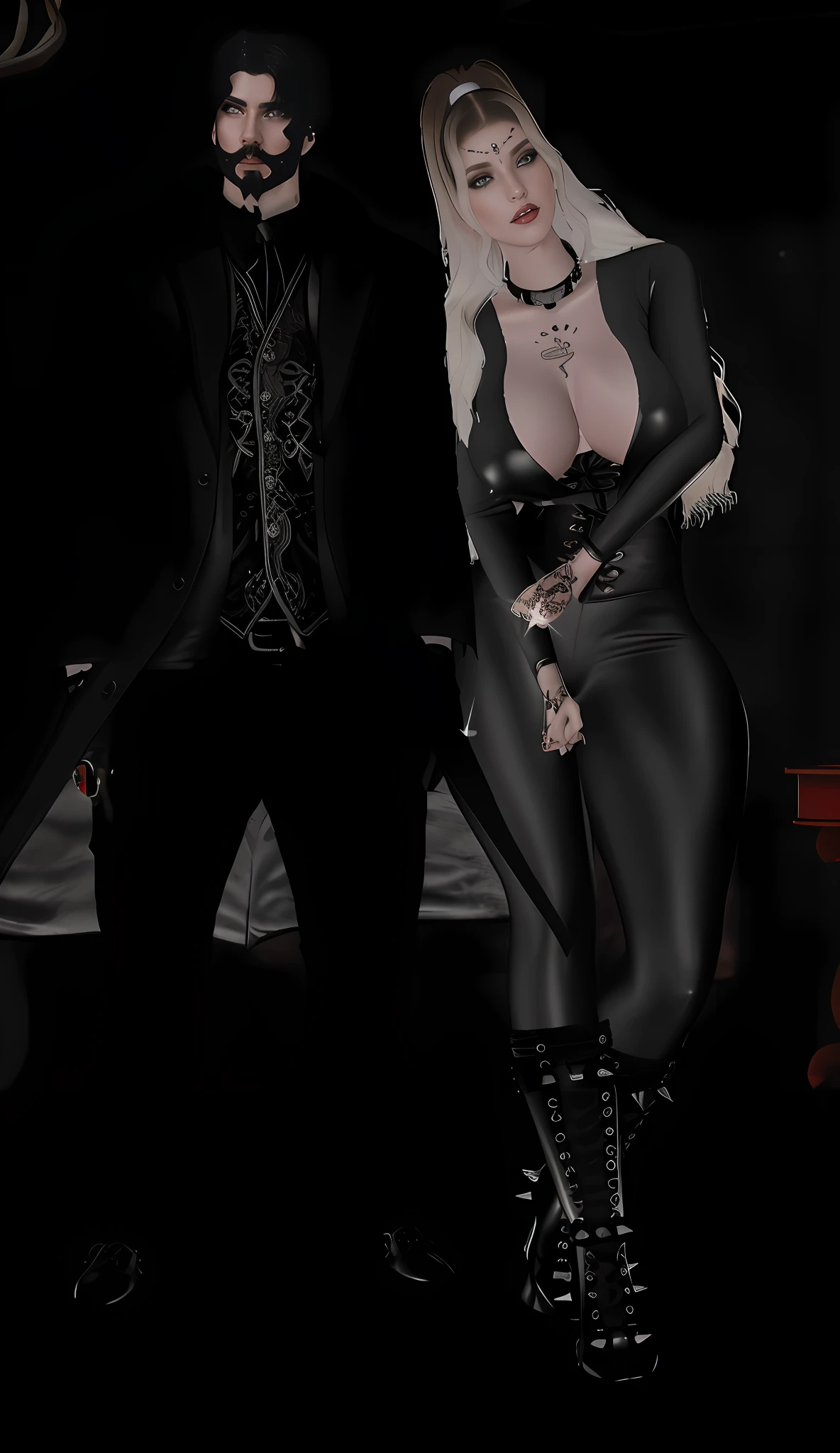 There are two people dressed in Gothic costumes posing for a photo, Black leather robes! intrincado, lo gothic!!, gothic romance, gothic regal and tattered black, dark and gothic, estilo sensual sombrio, IMVU, wearing modern gothic clothes, Gothic attire, moda vampiro, gothic horror vibes, lo gothic, 2 b, 2b, victorian gothic, goth chic, (( UHD, 32k, UHD:1.3, hiper detalhado)), (RAW foto: 1.2), (fotorrealista: 1.4), (detalhes intrincados: 1.2), (obra-prima: 1.3), (melhor qualidade: 1.4), (ultra highres: 1.2), cinema light, ultra alta realista, (olhos detalhados), (detailedfacialfeatures), provocante, (detailed features of the outfit),HDR, 8K分辨率, (extremely detailed illustration), (extremely detailed illustration), retrato de corpo inteiro, lente de 50mm, abertura f/4, (super detalhe), 8mm film grain, cinematiclight, luz lateral, Lens Flare, Ray Tracing, (olhos detalhados), Unreal Engine Intrincado (Detalhe Alto: 1.1).
