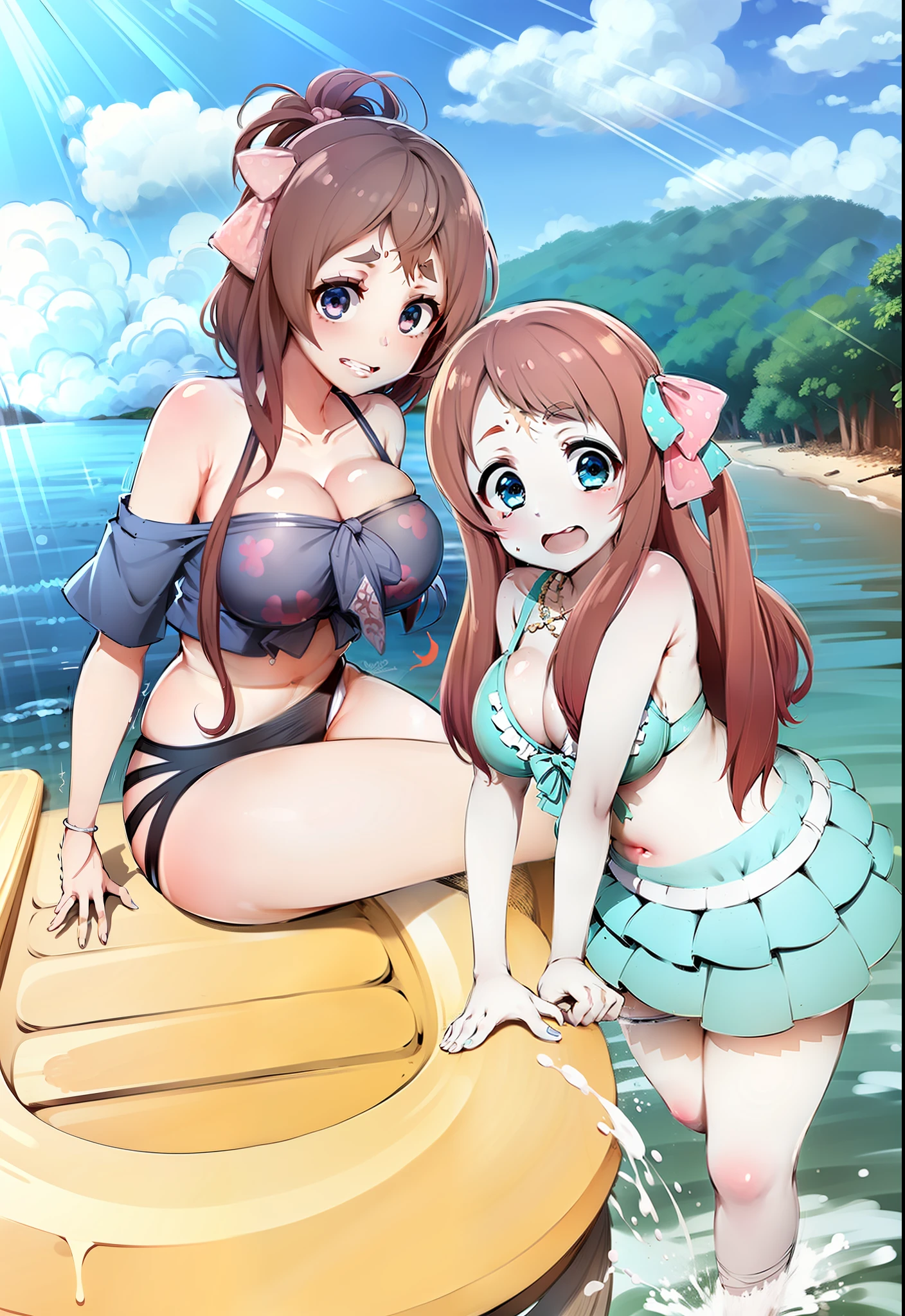 Make a yugiri masterpiece, do anime zombieland saga, wearing bikini, seios grandes, umbigo exposto, barriga de fora, coxas sensuais, olhar sedutor, sentada na areia da praia, fundo de mar.