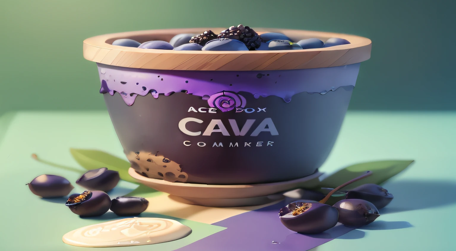 Create a colorful mockup image for an acai pot that conveys the idea of creaminess and is aligned with the brand's color palette. A imagem deve apresentar os seguintes elementos: 1. Acai Pot: The central object of the image is an acai pot with a lid. O pote deve parecer realista e com texturas que indiquem sua materialidade. The sides of the pan can be slightly curved to give the feeling of volume and creaminess of the contents. 2. Content of Acai Berry: The acai inside the pan should be delicious and creamy. Use shades of purple and dark blue to represent the acai berry mixture. Create some reflections on the surface of the content to highlight the creaminess. 3. Colher: Add a spoon next to the acai pot, como se estivesse pronta para ser usada. A colher pode ter cabo na cor verde, combinando com a paleta de cores da marca. 4. decorations: Add some decorative elements that remind you of the creaminess of the acai berry, como fios de calda de frutas em tons de roxo, azul e verde escorrendo suavemente sobre o pote. 5. Fundo: Utilize um fundo que complemente as cores da marca, combinando com a paleta verde, roxa e azul. It can be a blurred background or a scenery that refers to a tropical atmosphere, reinforcing the idea of refreshment. Paleta de Cores da Marca: -Verde: #00A388 - Roxo: #6A0572 -Azul: #001E7C Remember to create an image with high resolution and detail to provide a compelling visual experience to the viewer.