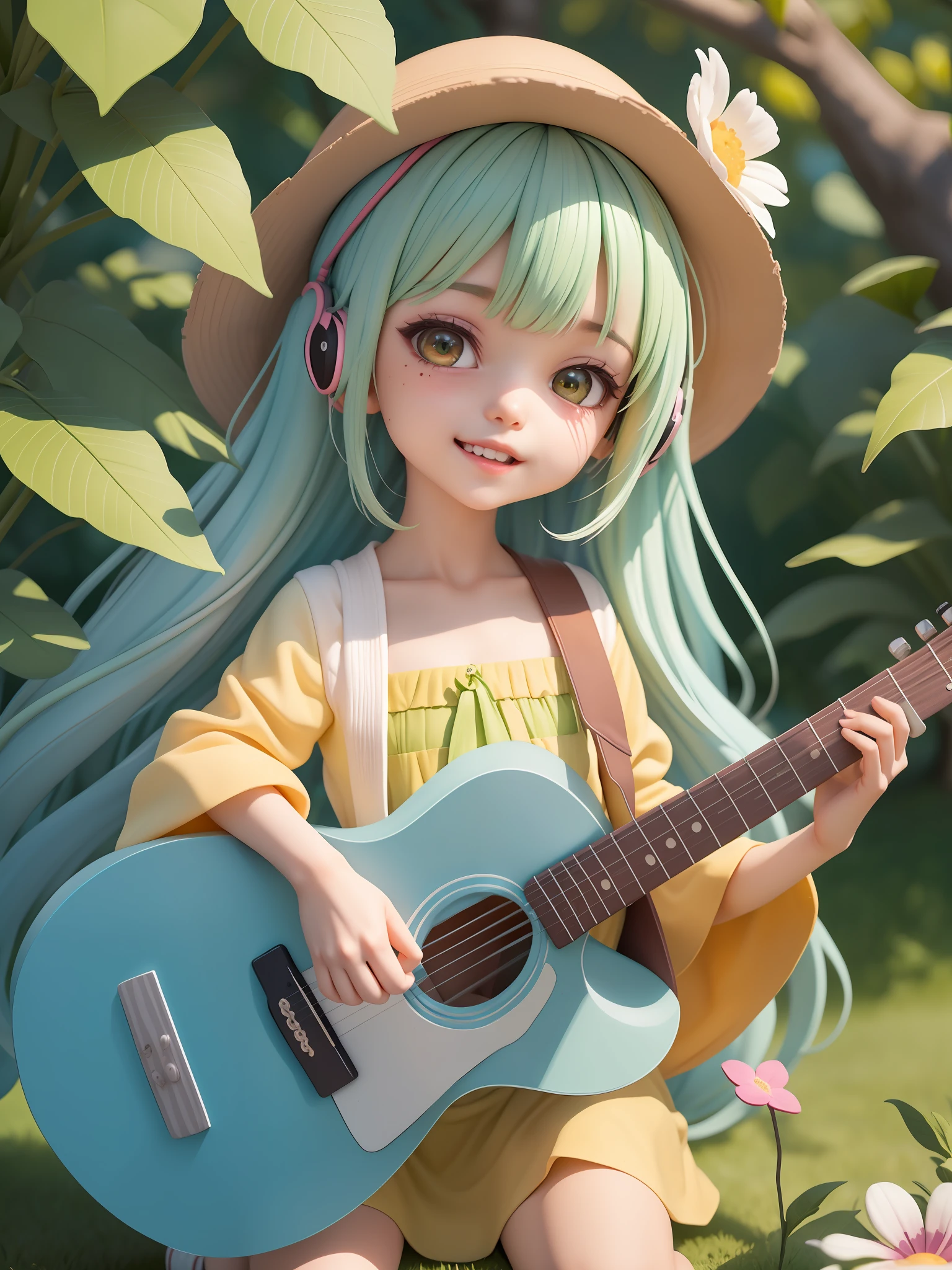 (obra-prima),(melhor qualidade),(ultra-detalhado), (corpo inteiro: 1.2), 1girl,chibi,fofo, sorriso, boca aberta, flor, ao ar livre, playing the guitar, music, boina, holding guitar, jaqueta, blush , tree, :3, camisa, cabelo curto, flores de cerejeira, headwear verde, blurry, cabelo castanho, adesivos de blush, mangas compridas, franja, fones de ouvido, cabelo castanho, flor azul, (rosto bonito e detalhado), (lindos olhos detalhados),