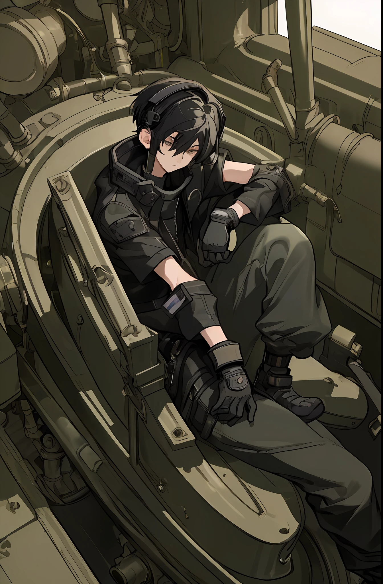 (masterpiece, best quality), young 16 years old man with black hair in black techwear with gloves sitting in tank with headphones