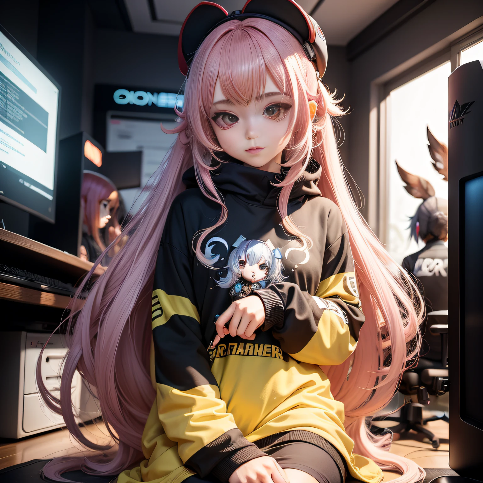 menina anime, menina gamer, roupa de coelhinho fofo, cabelo curto com franja,cabelo castanho, olhos escuros, cabelo curto, gamer