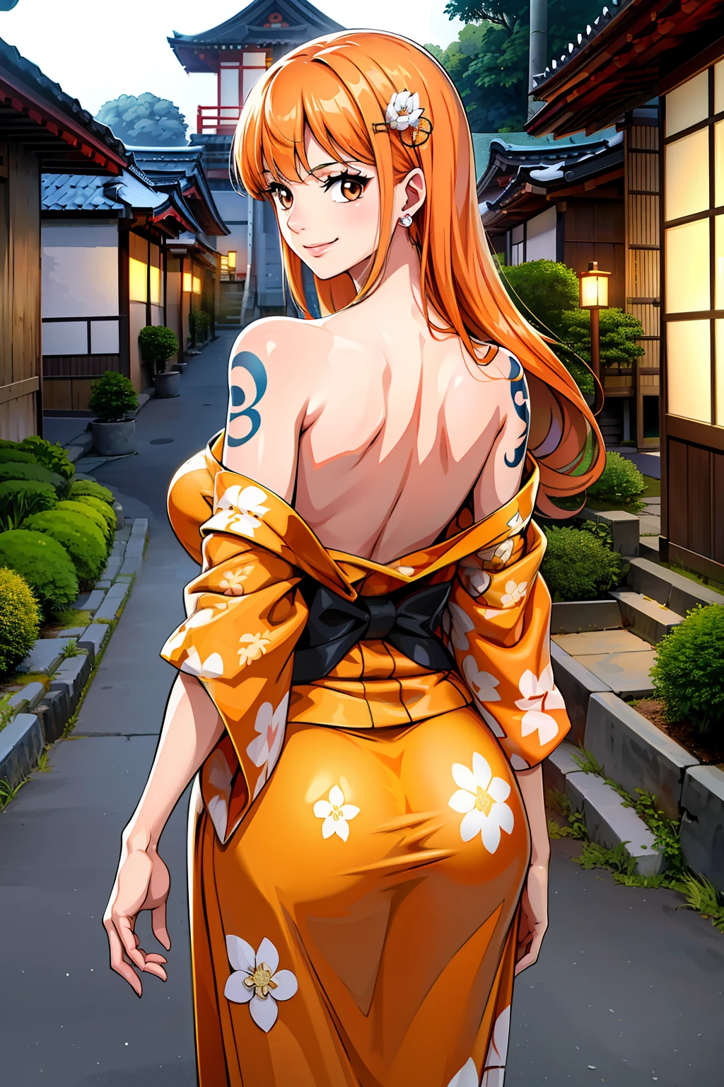 ultra realistic 8k cg, masterpiece, ((ultra detailed background, delicate pattern, intricate detail)), (highly detailed, fine details), best quality, (photorealistic:1.4),beautiful lighting, absurdres, RAW photo, film grain, ((medium breasts, slim girl)), NamiChan, 1girl, orange hair, solo, long hair, jewelry, ((medium breasts, slim girl, japanese clothes, kimono, left shoulder tattoo)), hair ornament, brown eyes, smile, earrings, (complex detailed background, outside, urban environent, traditional japanese town environment, japanese buildings, cowboy shot, from behind, showing ass),