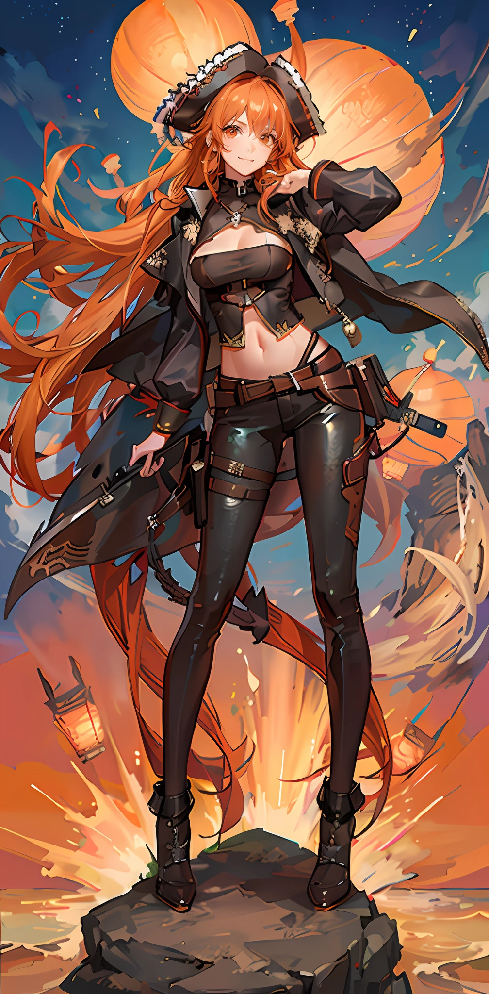 pirate, torn blouse, medium breasts, brown leather pants, toned body, orange hair, curly wet hair, waist length hair, confident smirk, pirate ship, tentacles reaching for her body, tentacles wrapped around her legs, night time, lanterns lighting the area