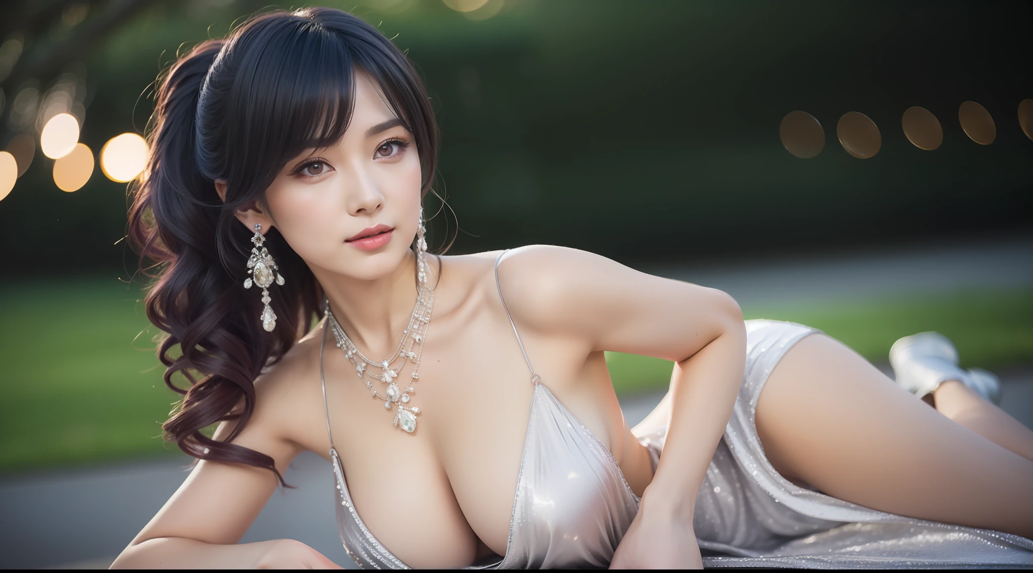 1 girl lying in the park at night,Clear sky in the background. Park benches and soft lighting, Rear photo, (Side photography), looking back at the viewer, (Masterpiece), ((Ultra-detailed)), (Highly detailed), (Expressionless), (Best quality: 1.2), 8K, hdr, A high resolution, absurderes: 1.2, Object perspective, Blurred background, Bokeh: 1.1, Lens flare, (vivd colour: 1.2), High quality texture, Detailed texture, High-quality lighting and shadows, a face with perfect proportion, full bodyesbian, Mature and excited body, Detailed skin texture, vibrant, pale and radiant skin, natural saggy breasts, gigantic bosom: 1.5, High waist, Narrow waist: 1.3, Wide hips, Full buttocks, Detailed beautiful face, (PureErosFace_V1:1.3)(Ulzzang-6500:0.4) Detailed beautiful eyes, Symmetrical eyes, Perfect eyes, Seductive eyes, Beautiful nose, High nose, Clear blush, Detailed lips, Earrings, hoop earings, necklace, jewelry, Sapphire heart necklace, Silver-toned high-heeled sandals, Seductive expression, Smile, Perfect hands, Delicate and beautiful fingers, Detailed beautiful legs, photo-realistic hair, detailed hairs, (Silver dress, Red dress, Blue dress), Chisato Nishiki, Long hair, Blonde hair, (Red eyes: 1.5), Hair ribbon, Bob cut, Red hair ribbon,),Huge breasts,Japan goddess,blush,