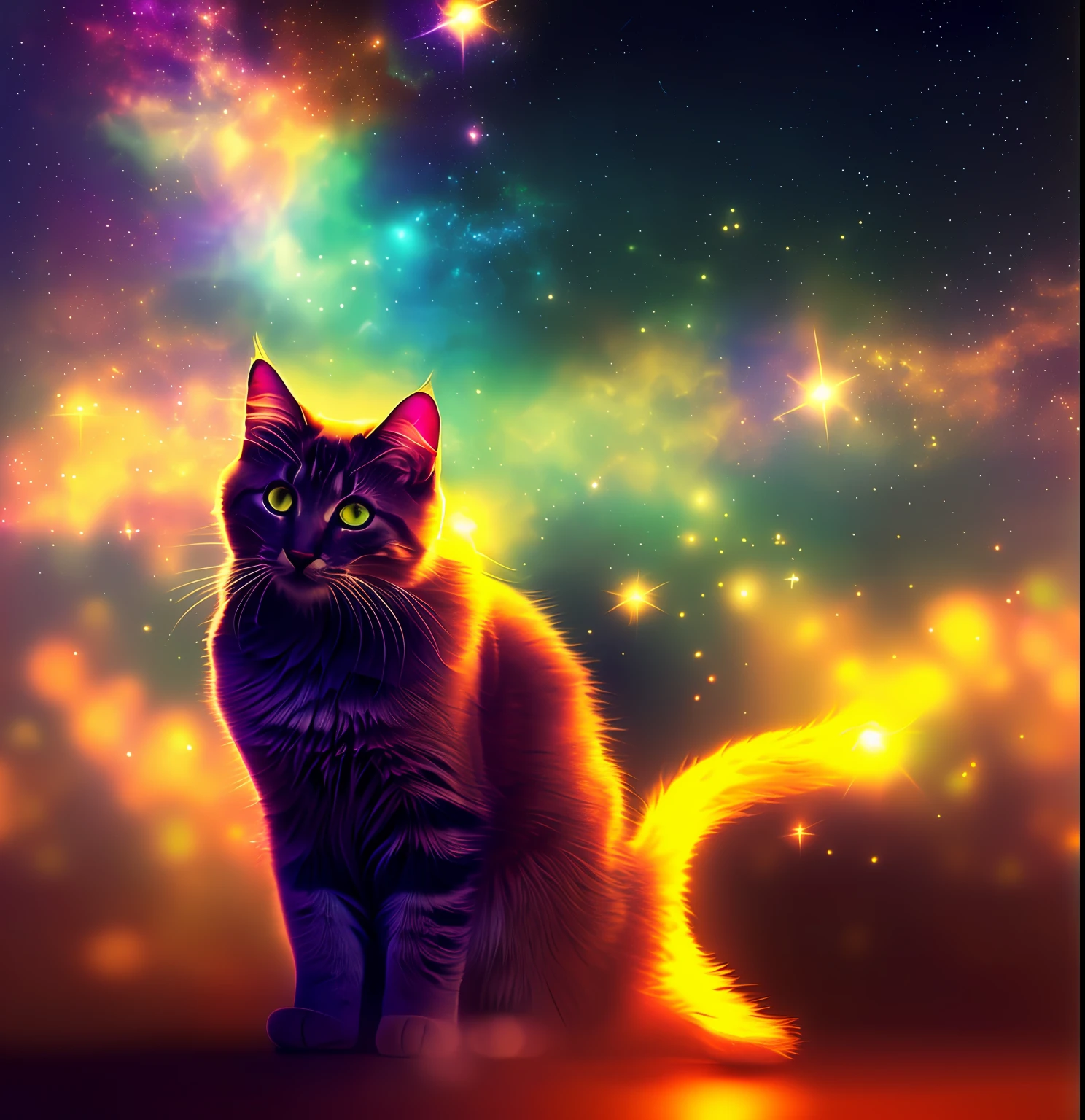 Mystical cat, otherworldly and etherial, shimmering sparkles all around, volumetric light, magical, mysterious, dreamlike, surreal, atmospheric, 4k