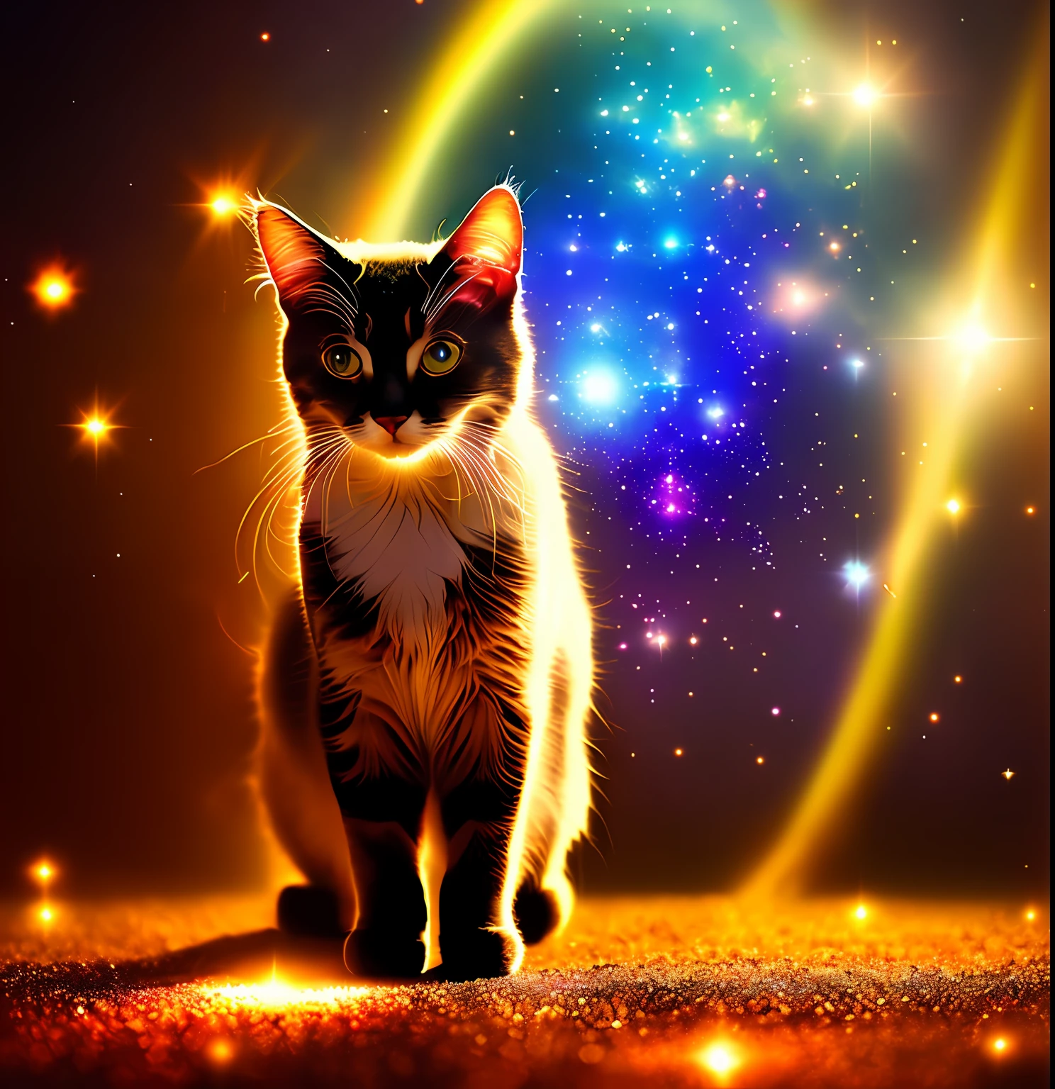 Mystical cat, otherworldly and etherial, shimmering sparkles all around, volumetric light, magical, mysterious, dreamlike, surreal, atmospheric, 4k