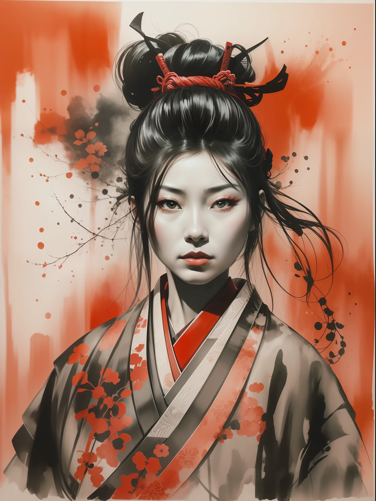 Portrait  of a samurai woman red and black ink painting