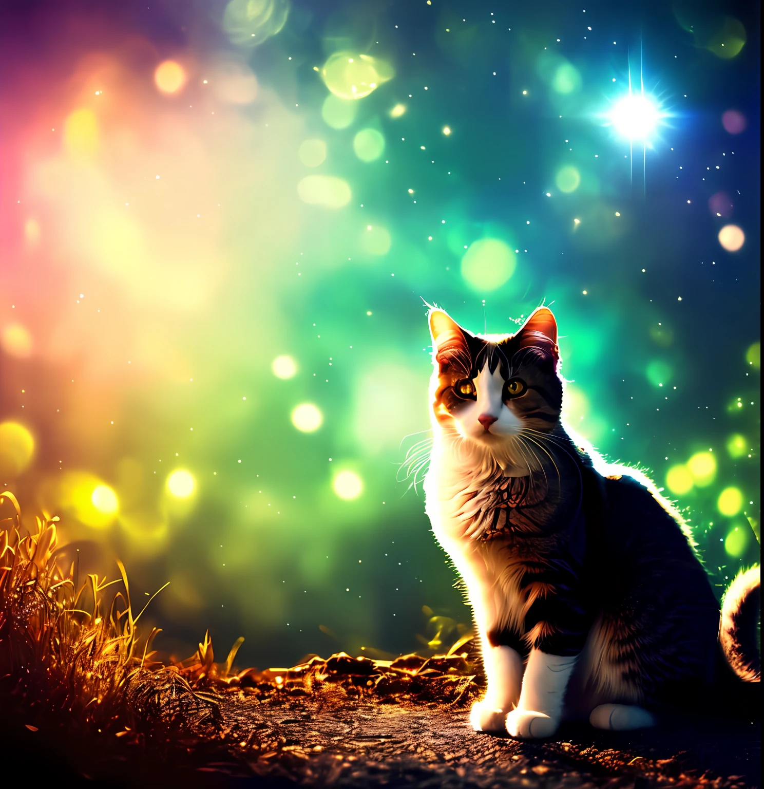 Mystical cat, otherworldly and etherial, shimmering sparkles all around, volumetric light, magical, mysterious, dreamlike, surreal, atmospheric, 4k