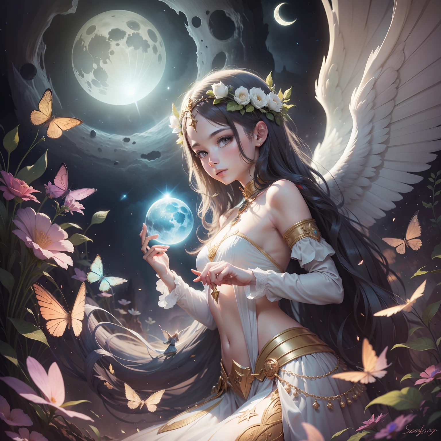 On the moon, beautiful fantasy art, angels and fairies, Sadgy,astrology, visions, Wonder Art