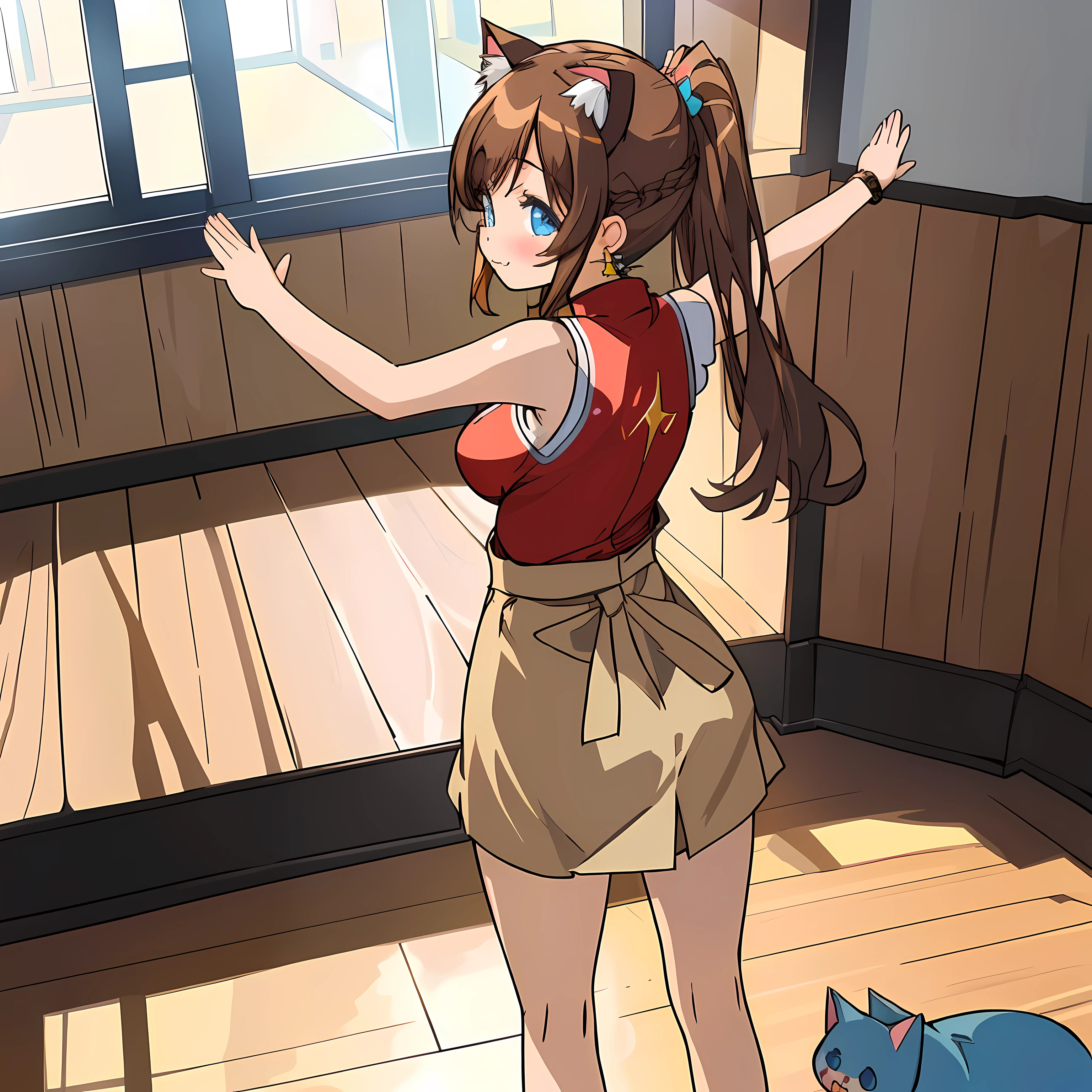 (Highly detailed CG Unity 8k wallpaper), (Best Quality), (Super Detail), (Best Illustration), (Best Shadow), POV, Realistic lighting and shading, Natural light, Lens flare effect, BREAK, 1 beautiful girl, Solo,(Cute:1.5),(Chibi:0.8), (kawaii:1.5),(Lori:0.5), BREAK, ( ( girl), Very detailed, colourfull, highest details, BREAK, (Huge breasts: 1. 2,), Clear skin, Beautiful skin, Shy skin, 1 beautiful girl, Brown hair, (Cat ears, Ponytail, medium-Long hair: 1. 2), (Light blue eyes, long eyelashes, Double eyelids: 1. 2), Solo, gleaming skin, BREAK,(skirt by the,a miniskirt,Beige skirt:1.2), (Sleeveless, sleeveless shirts, Red Shirt:1.2), (star-shaped earring:1.1), (Lace headband:1.0), (Cute back:1.3), (A smile,Happiness:1.1), (is standing,Raising arms,Slouched:1.3), (Angle from the front:1.1), BREAK, inside the house,underground mall,In front of the coffee shop,appointment,Watches