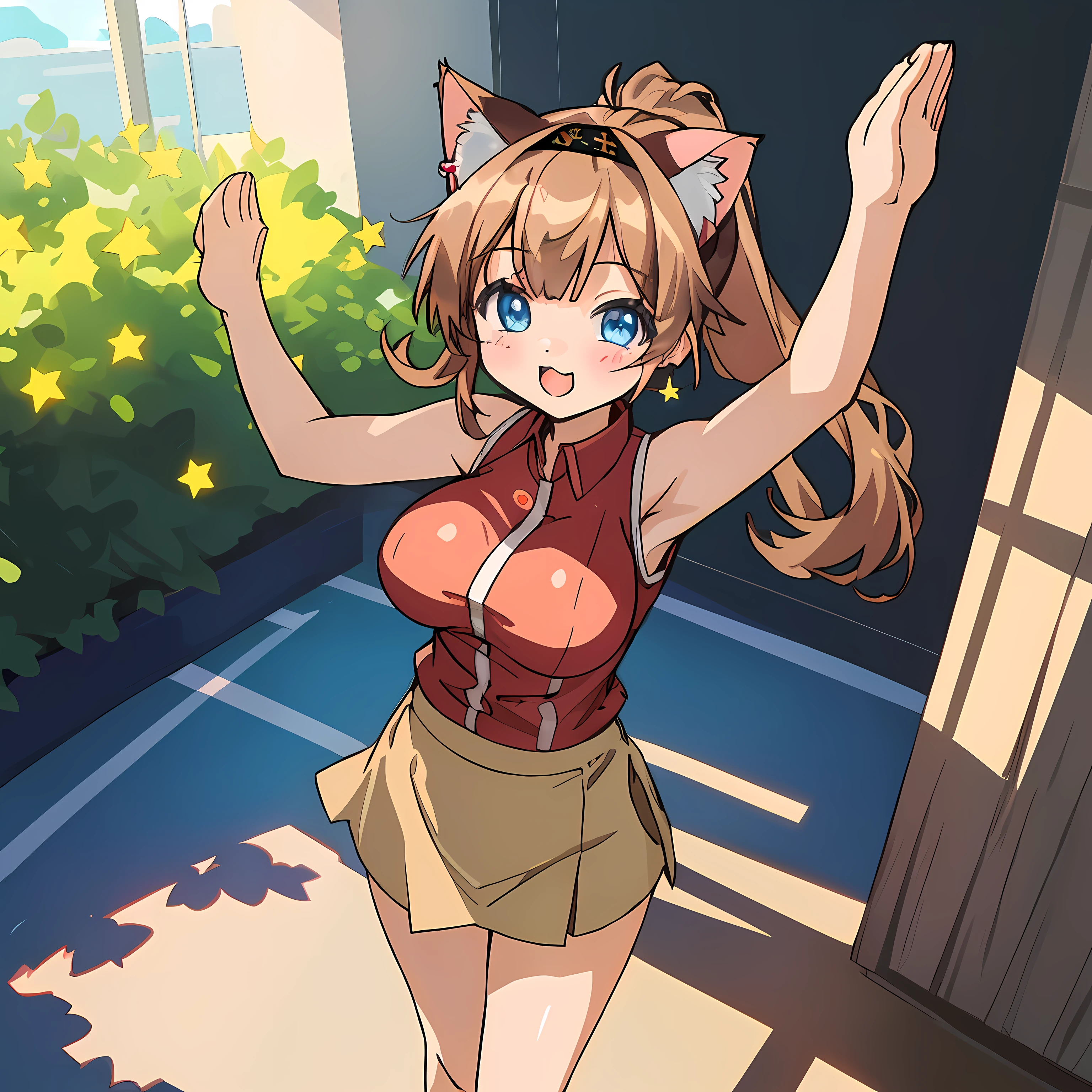(Highly detailed CG Unity 8k wallpaper), (Best Quality), (Super Detail), (Best Illustration), (Best Shadow), POV, Realistic lighting and shading, Natural light, Lens flare effect, BREAK, 1 beautiful girl, Solo,(Cute:1.5),(Chibi:0.8), (kawaii:1.5),(Lori:0.5), BREAK, ( ( girl), Very detailed, colourfull, highest details, BREAK, (Huge breasts: 1. 2,), Clear skin, Beautiful skin, Shy skin, 1 beautiful girl, Brown hair, (Cat ears, Ponytail, medium-Long hair: 1. 2), (Light blue eyes, long eyelashes, Double eyelids: 1. 2), Solo, gleaming skin, BREAK,(skirt by the,a miniskirt,Beige skirt:1.2), (Sleeveless, sleeveless shirts, Red Shirt:1.2), (star-shaped earring:1.1), (Lace headband:1.0), (Cute back:1.3), (A smile,Happiness:1.1), (is standing,Raising arms,Slouched:1.3), (Angle from the front:1.1), BREAK, inside the house,underground mall,In front of the coffee shop,appointment,Watches