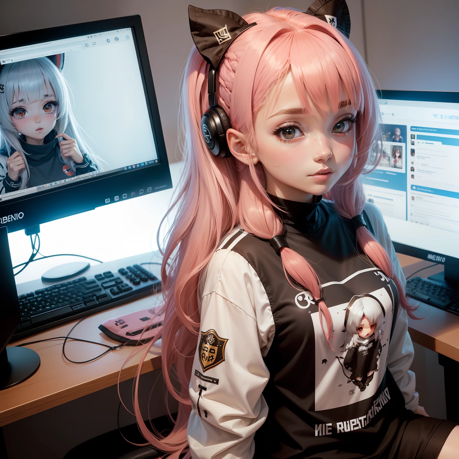 menina anime, menina gamer, roupa de coelhinho fofo, cabelo curto com franja,cabelo castanho, olhos escuros, cabelo curto, gamer