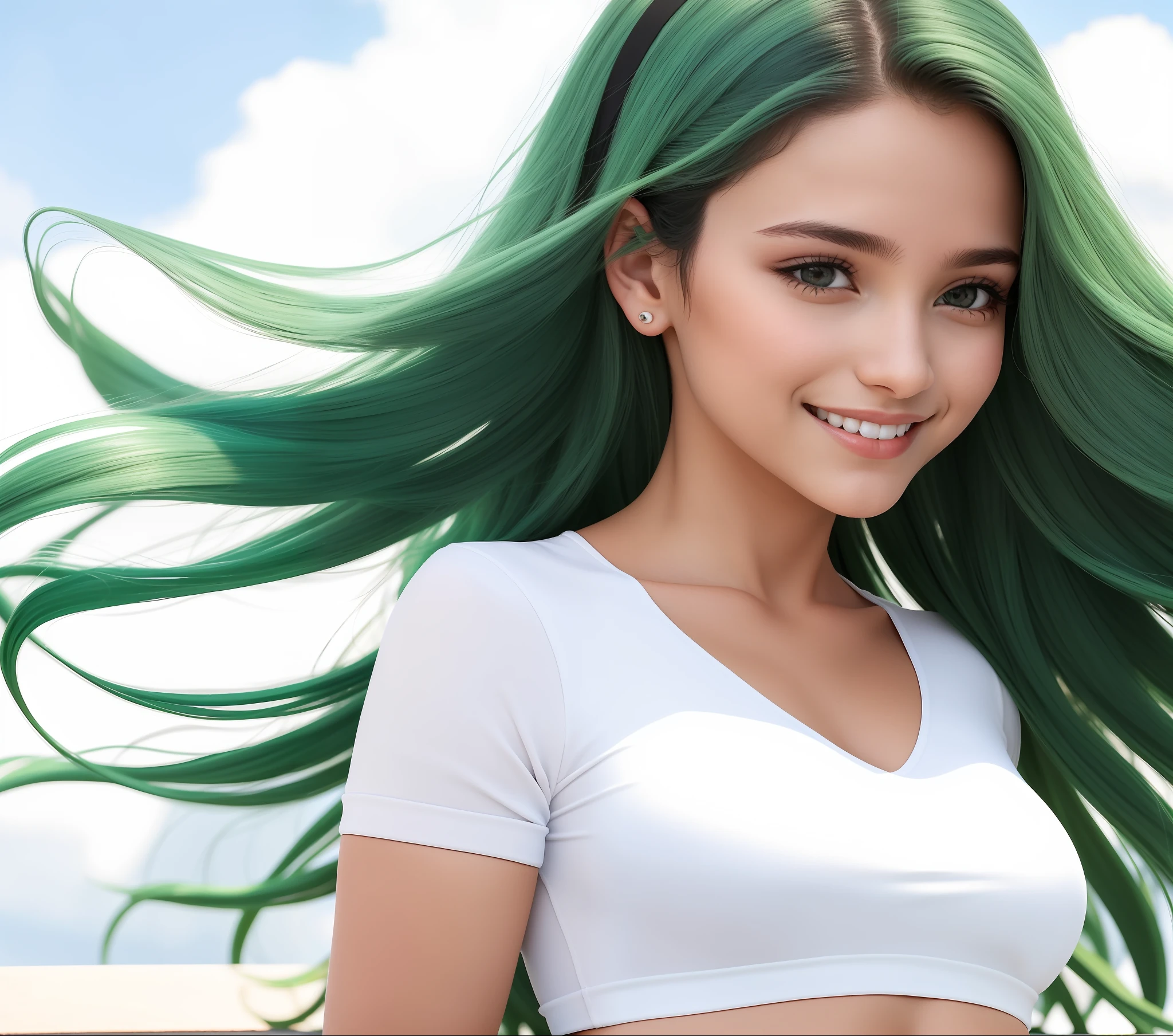 obra-prima, melhor qualidade, (seios(muito pequenos, pequenos)), fotorrealista, 1Menina, rosto de simetria inocente deslumbrante, Regata de Seda, lindo sorriso alegre e aberto, emocional, cabelo longo preto, olhos verdes brilhantes de frente para o espectador, Levitation of the young woman, top rendado, cueca dourada e preto, Athletic and lean body, corpo inteiro