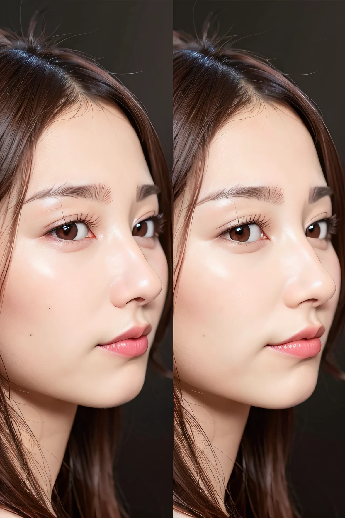 Close-up photo of woman with bright makeup and pink lipstick。Characteristic features of Koreans、Light makeup、Popular Korean Makeup、soft eyes and narrow jaw,、Focus on Korean Popular Makeup、light make-up、Features of soft face、Beauty Retouching、smoothed lip line、pronounced cheekbones、Outline Light Effect！8K picture quality、Sexy makeup、with round face、Smooth facial features、（The photo on the right shows the nose high:1.5）
