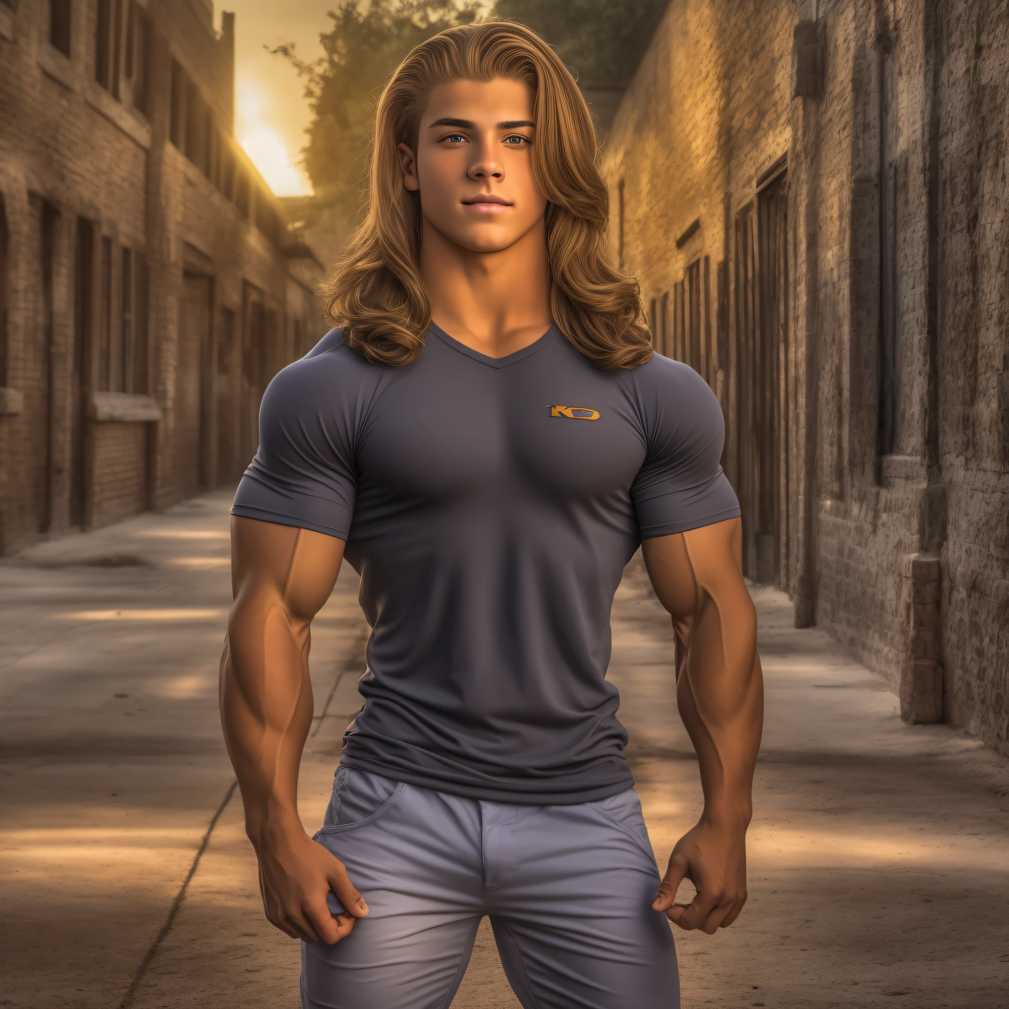 An 18-year-old boy bodybuilder, embodying the perfect fusion of Joey Lawrence and Cody Calafiore with long hair, exuding an aura of strength and confidence. Enhanced with HDR technology, this image depicts a true masterpiece, 4K resolution, in the style of Nick Mesh, outdoor lighting, light reflections