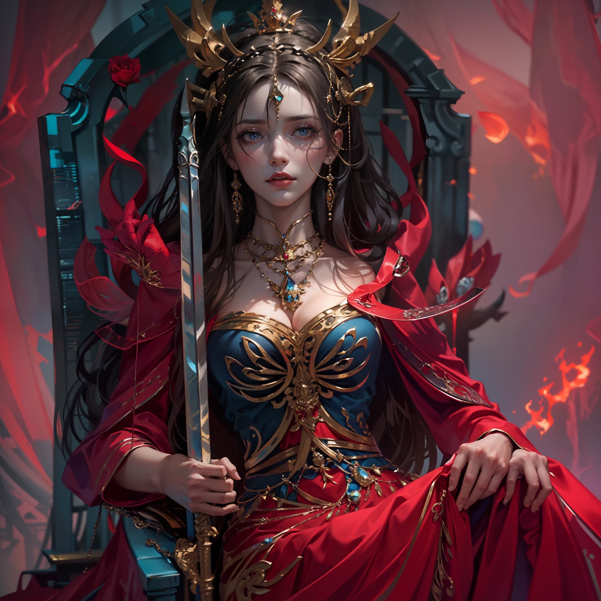 A diabolical queen on her throne. With infinite beauty and eyes of incredible expressiveness. Vestido de una manera encantadora, She carries a strange sword in her hands.... Around its demonic energy flows like flares of intense color..