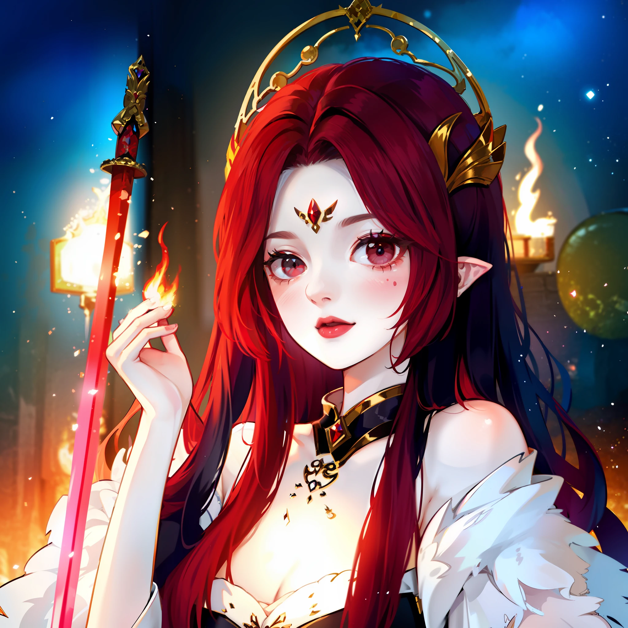 A diabolical queen on her throne. With infinite beauty and eyes of incredible expressiveness. Vestido de una manera encantadora, She carries a strange sword in her hands..... Around its demonic energy flows like flares of intense color..